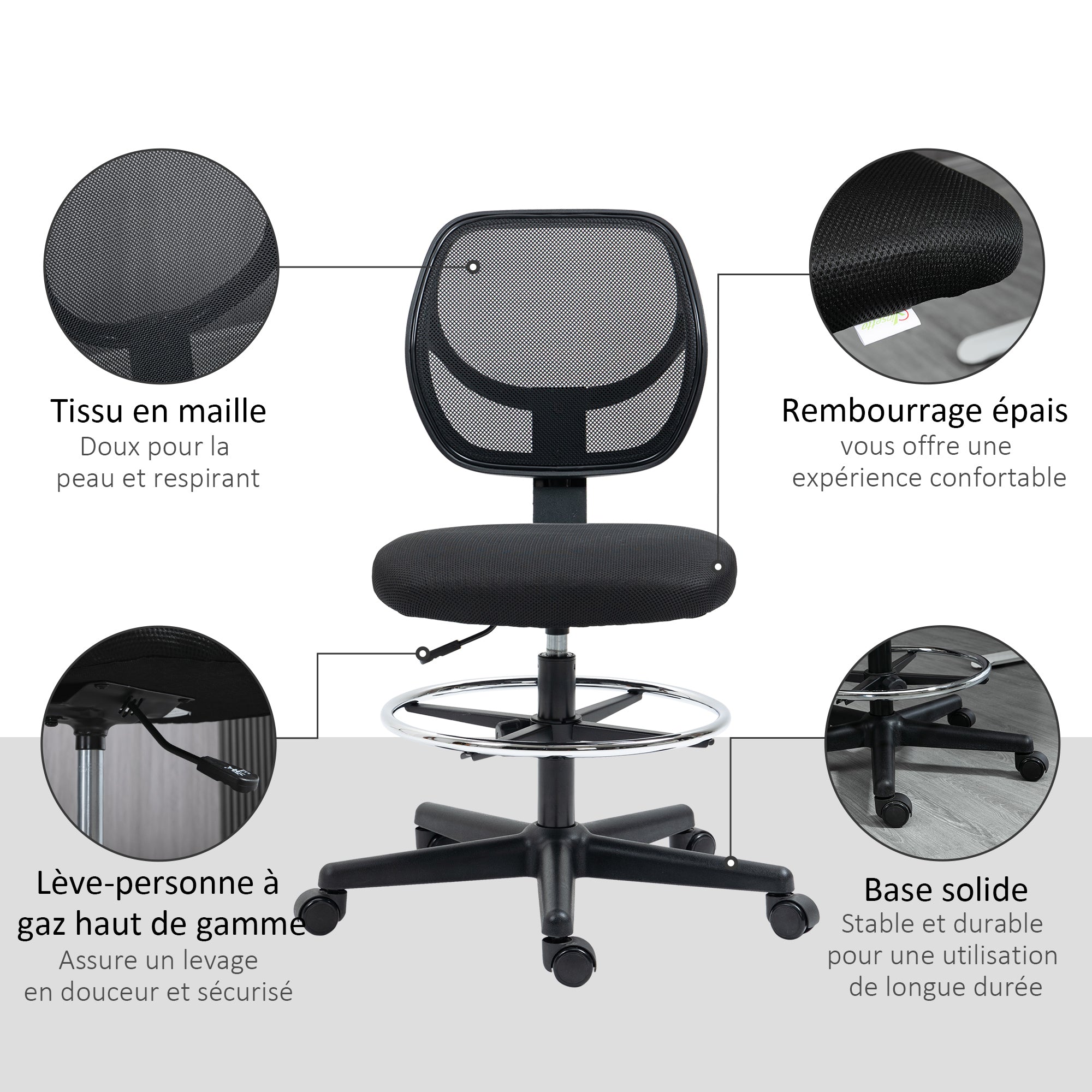High-seat office chair ergonomic mesh back office chair adjustable height 50-70 cm with 360° swivel footrest black