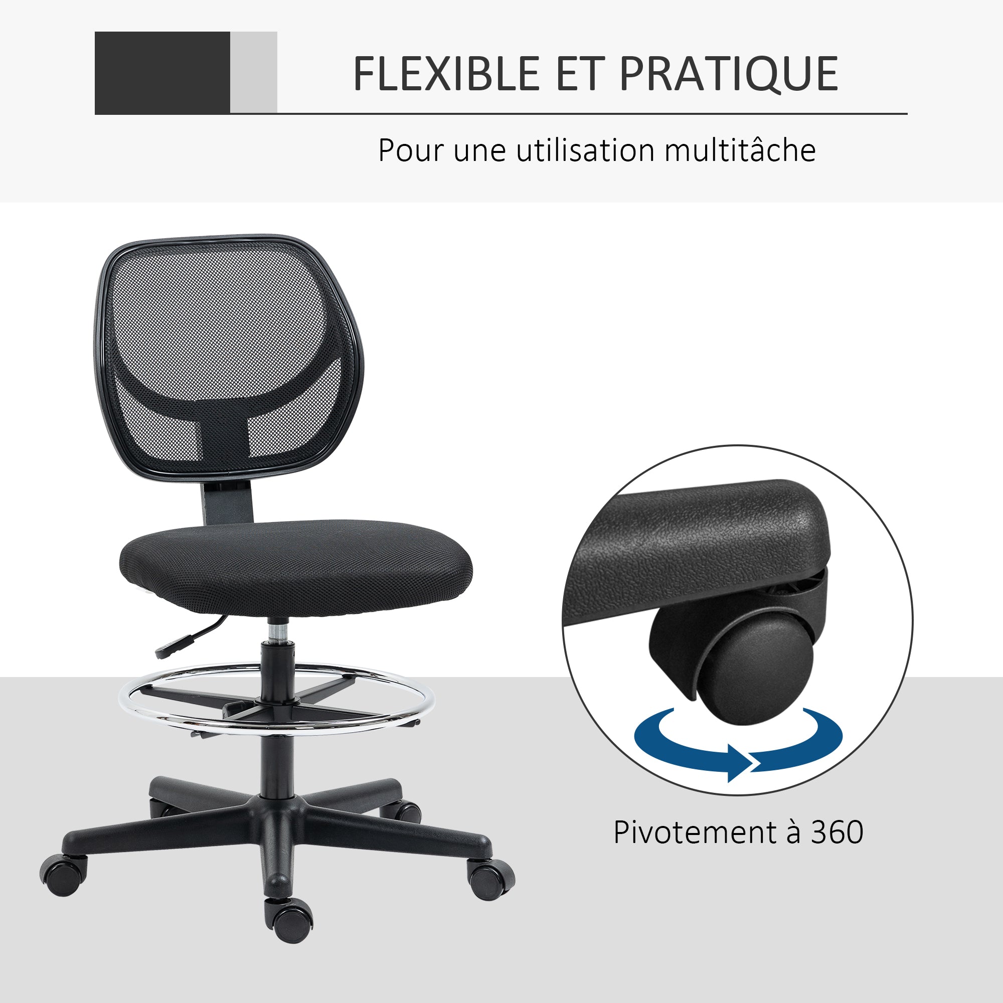 High-seat office chair ergonomic mesh back office chair adjustable height 50-70 cm with 360° swivel footrest black