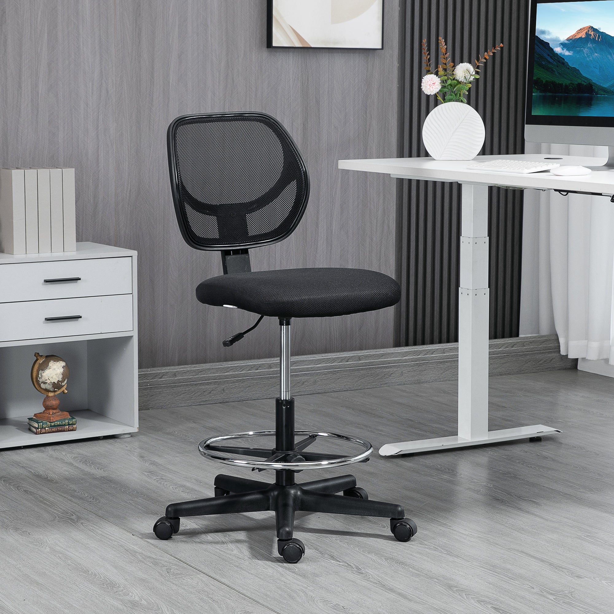 High-seat office chair ergonomic mesh back office chair adjustable height 50-70 cm with 360° swivel footrest black