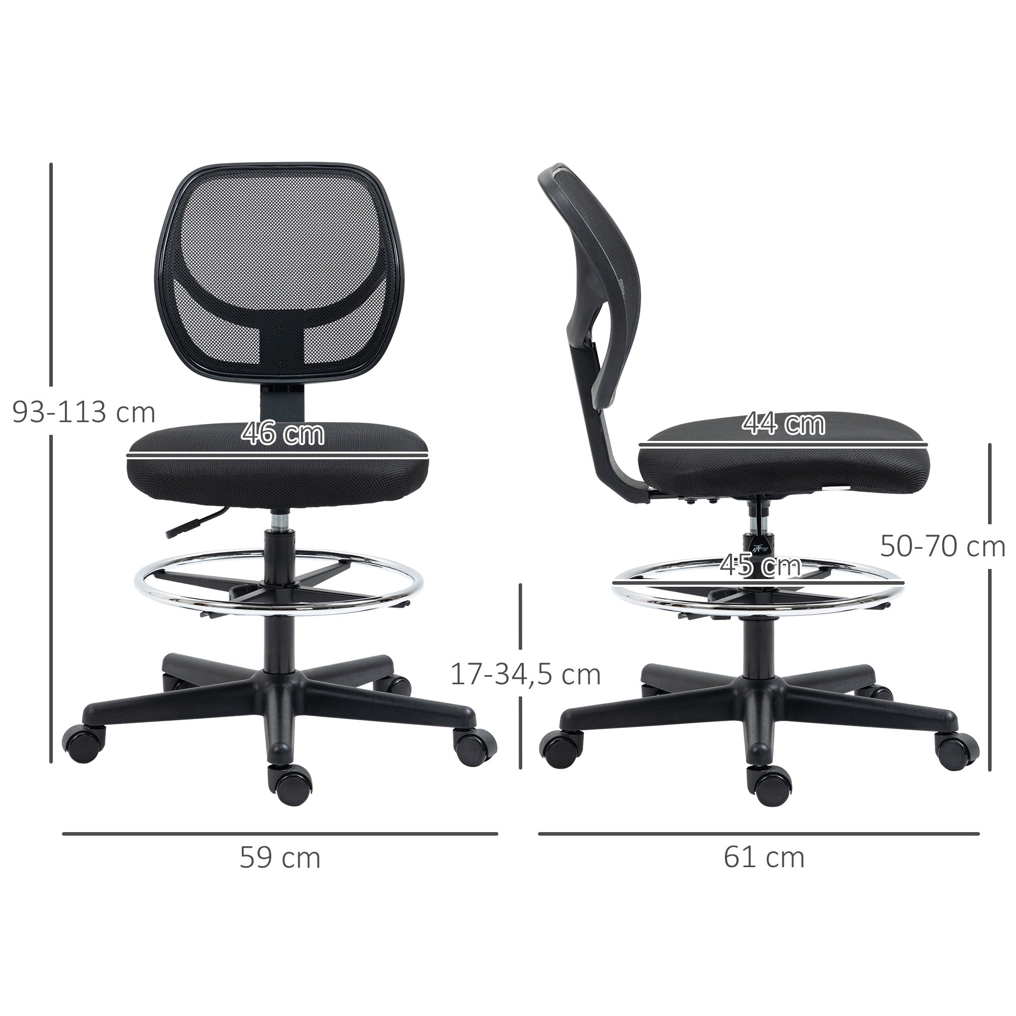 High-seat office chair ergonomic mesh back office chair adjustable height 50-70 cm with 360° swivel footrest black