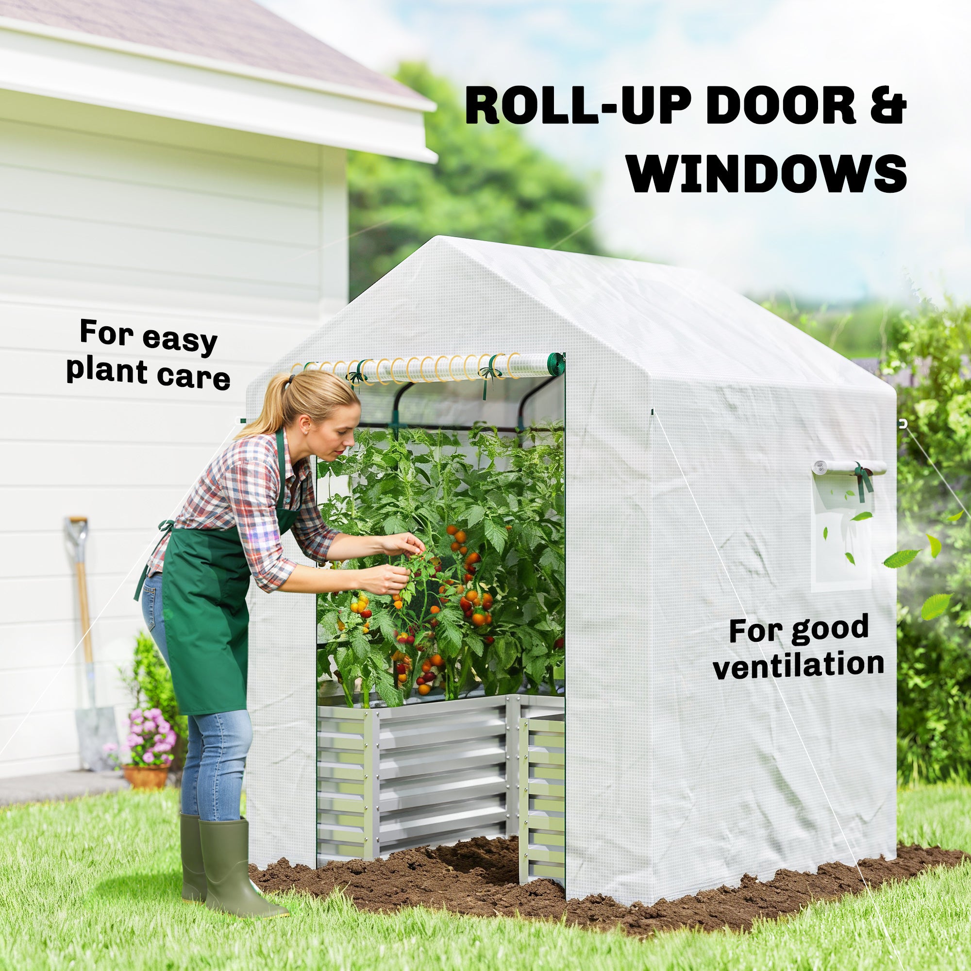 PE Film Tomato Greenhouse with Raised Bed, Roll-Up Door & Windows, Sloped Roof — 141 × 141 × 190 cm (55.5 × 55.5 × 74.8 in) — White