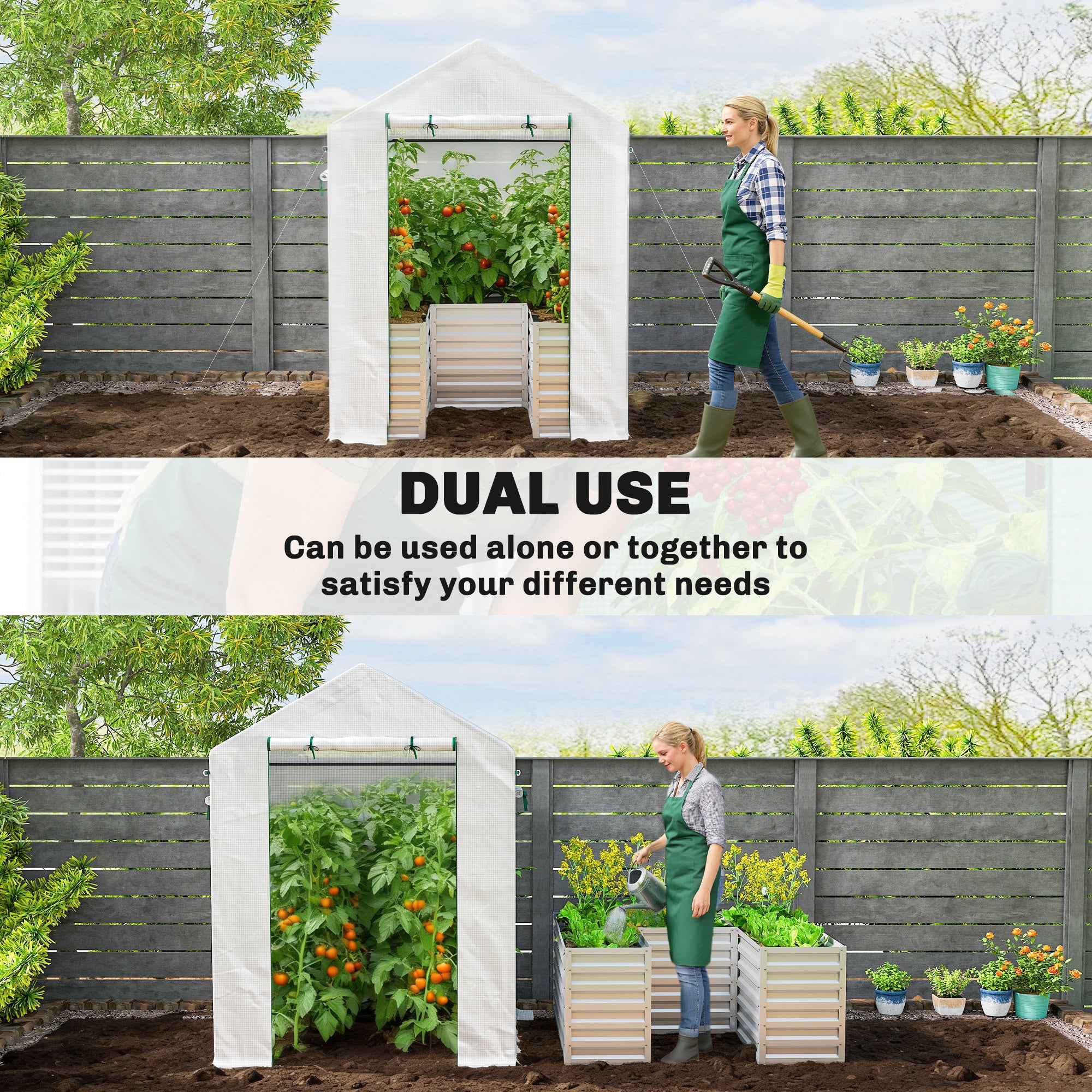 PE Film Tomato Greenhouse with Raised Bed, Roll-Up Door & Windows, Sloped Roof — 141 × 141 × 190 cm (55.5 × 55.5 × 74.8 in) — White