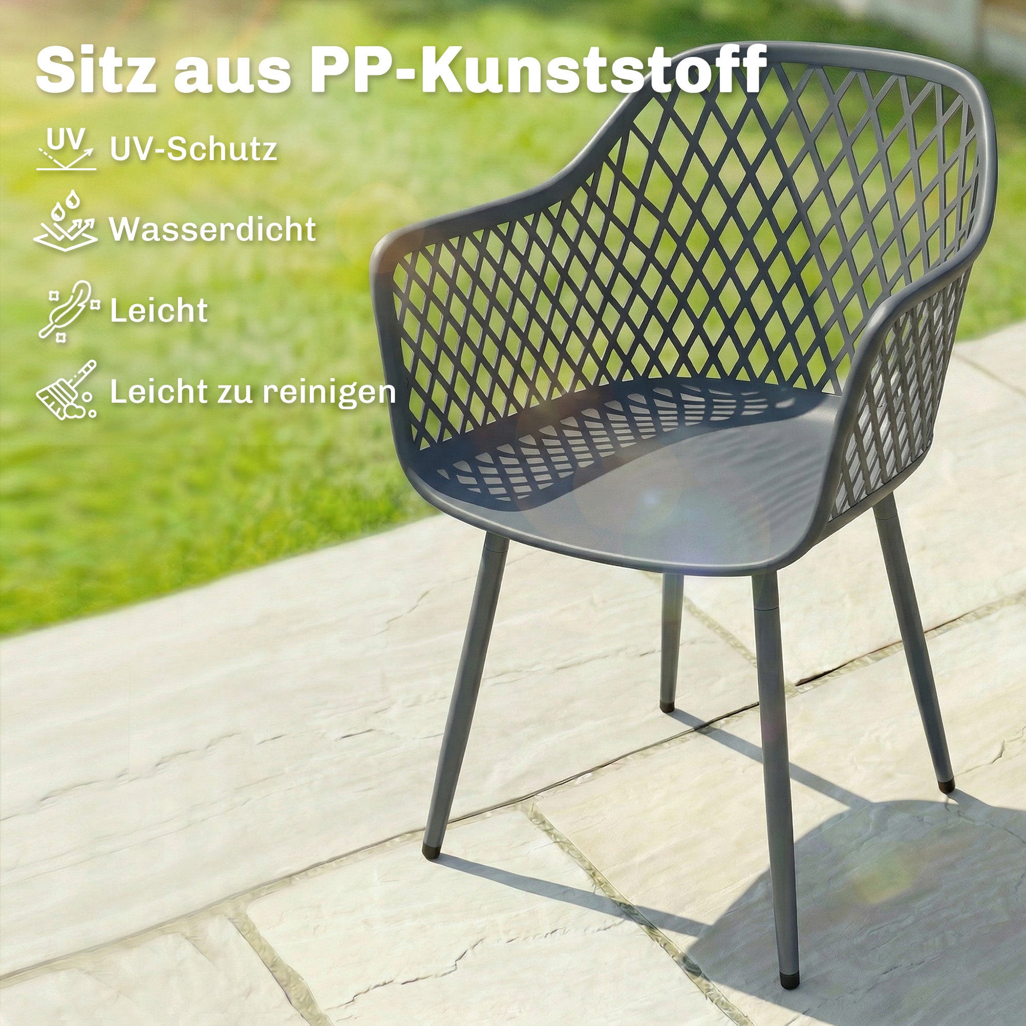 4-Pack Garden Chairs — UV-Resistant Plastic with Armrests & Backrest, Powder-Coated Metal Legs, 120 kg Capacity, Dark Gray