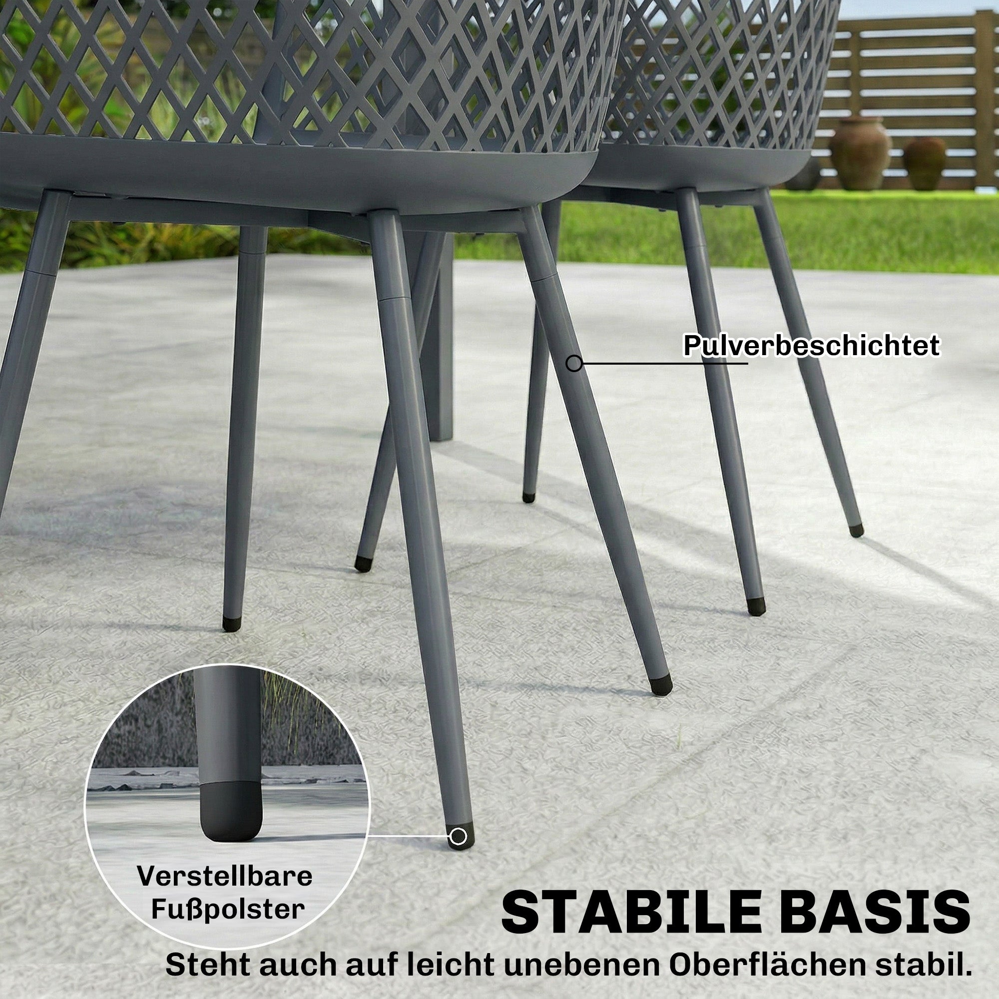 4-Pack Garden Chairs — UV-Resistant Plastic with Armrests & Backrest, Powder-Coated Metal Legs, 120 kg Capacity, Dark Gray