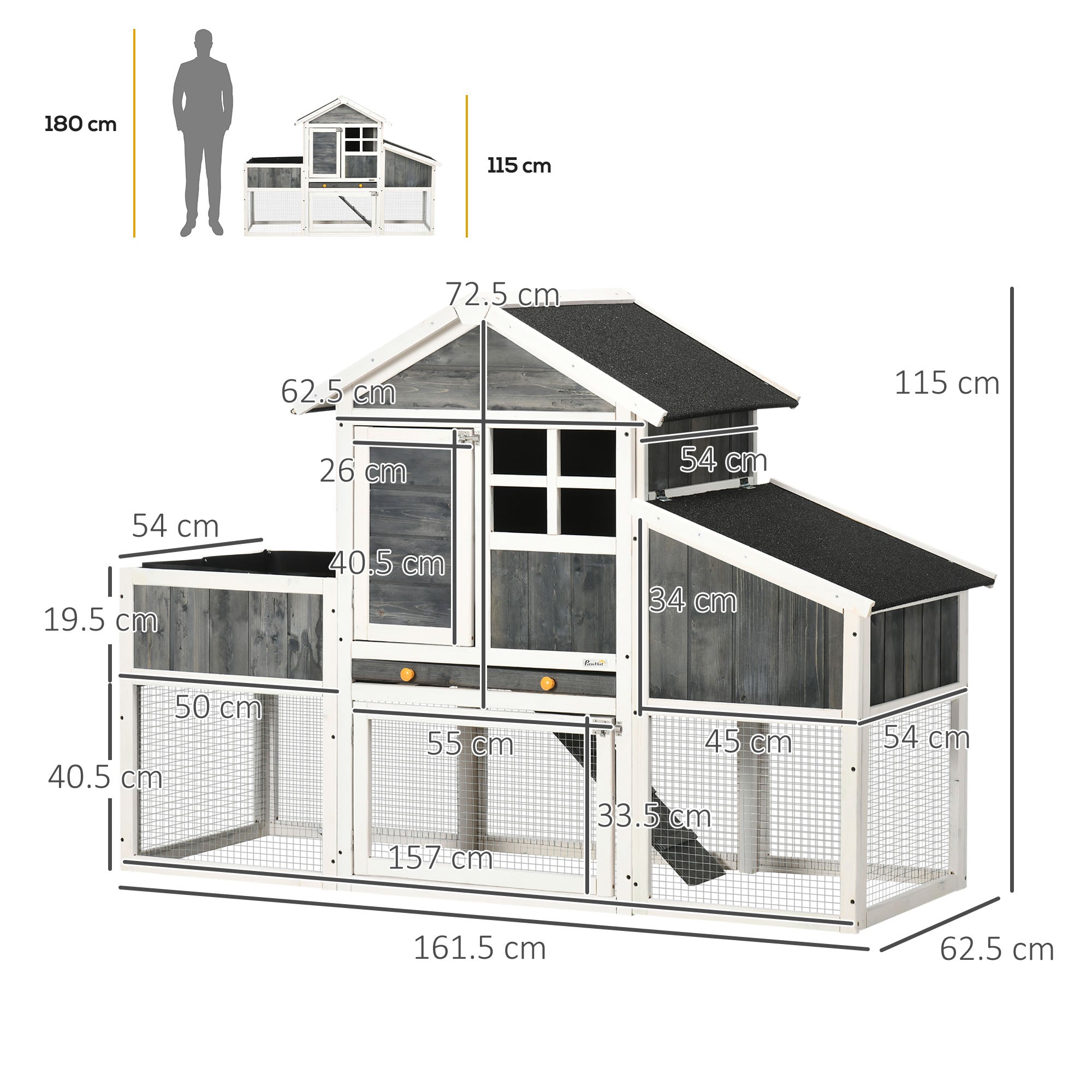 Prefabricated Chicken Coop in Wood with Open Area, Outdoor Chicken Coop, Chicken House and Nesting Box, Flowerbed and Asphalt Roof, Gray