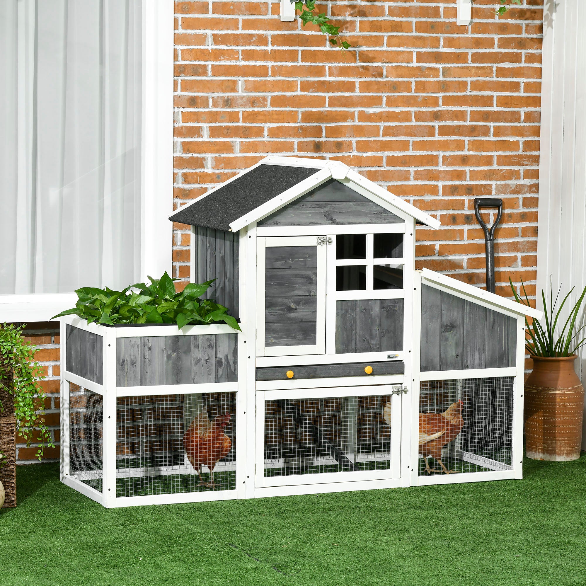 Prefabricated Chicken Coop in Wood with Open Area, Outdoor Chicken Coop, Chicken House and Nesting Box, Flowerbed and Asphalt Roof, Gray