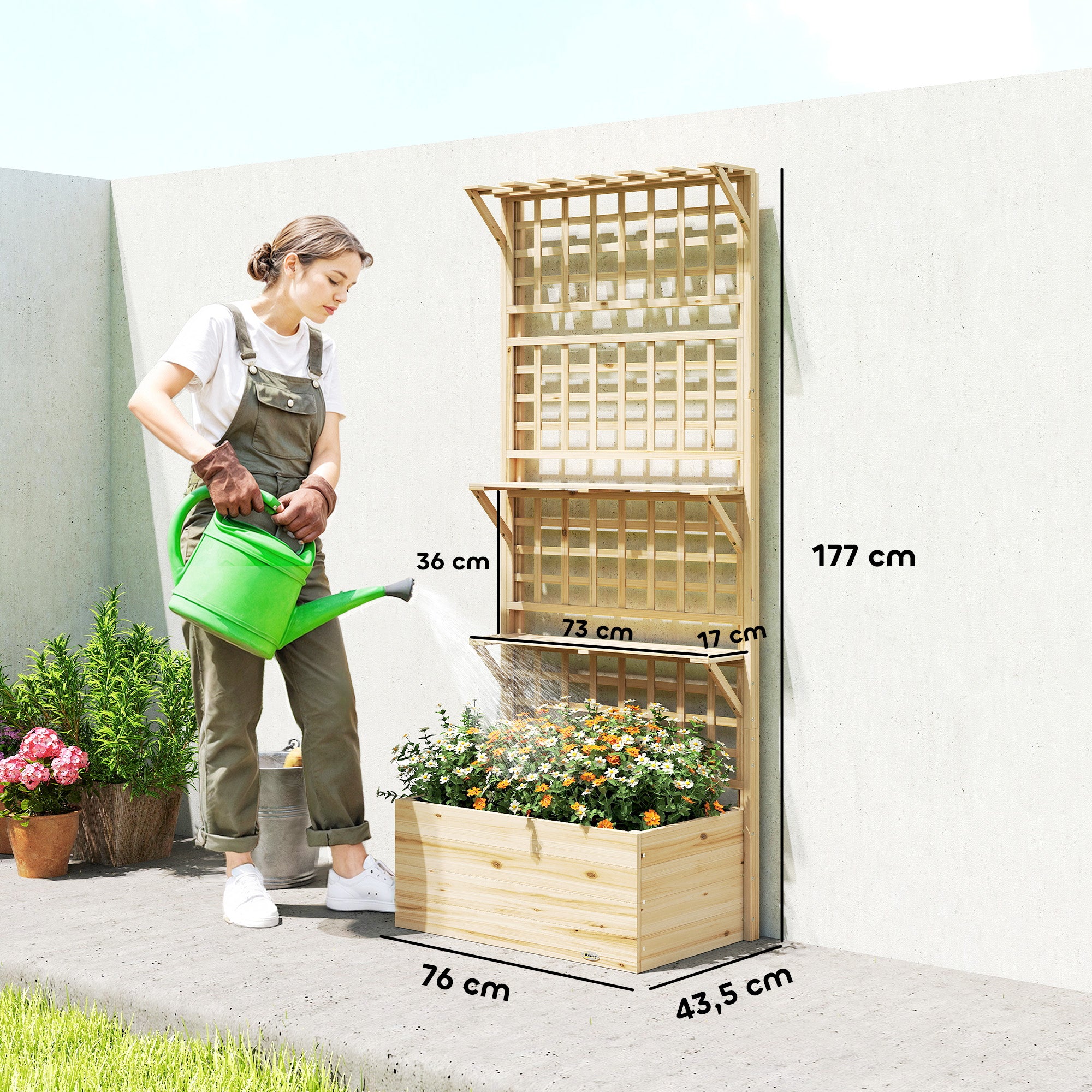 Raised Wooden Planter with Trellis & Roof, Large Outdoor Spruce Planter for Climbing Plants, 2 Shelves, Drainage & Liner, 76 x 43.5 x 177 cm (29.9 x 17.1 x 69.7 in), Natural