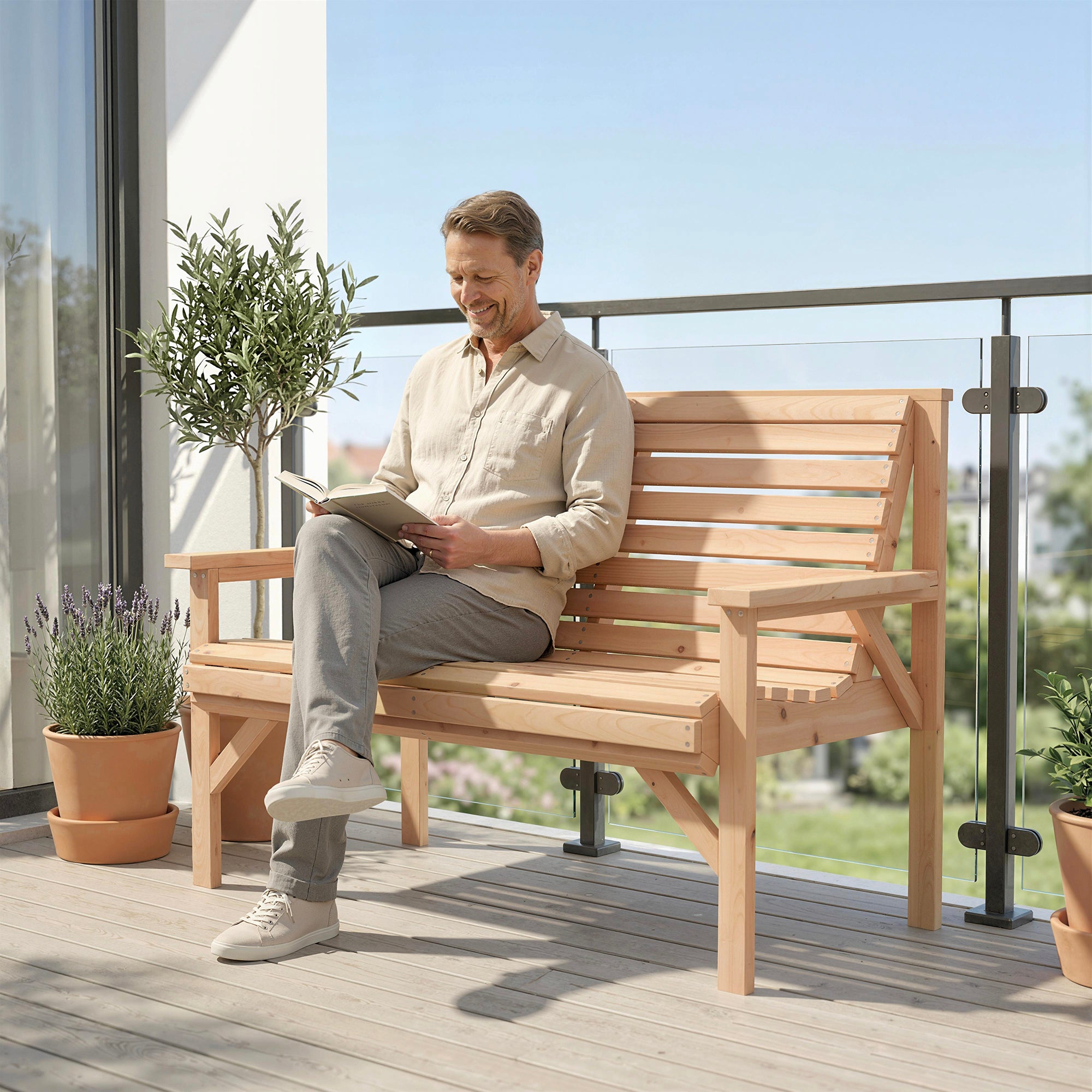 2-Seater Wooden Garden Bench — Slatted Bench with Armrests & Backrest, Fir Wood Frame for Garden, Balcony & Patio