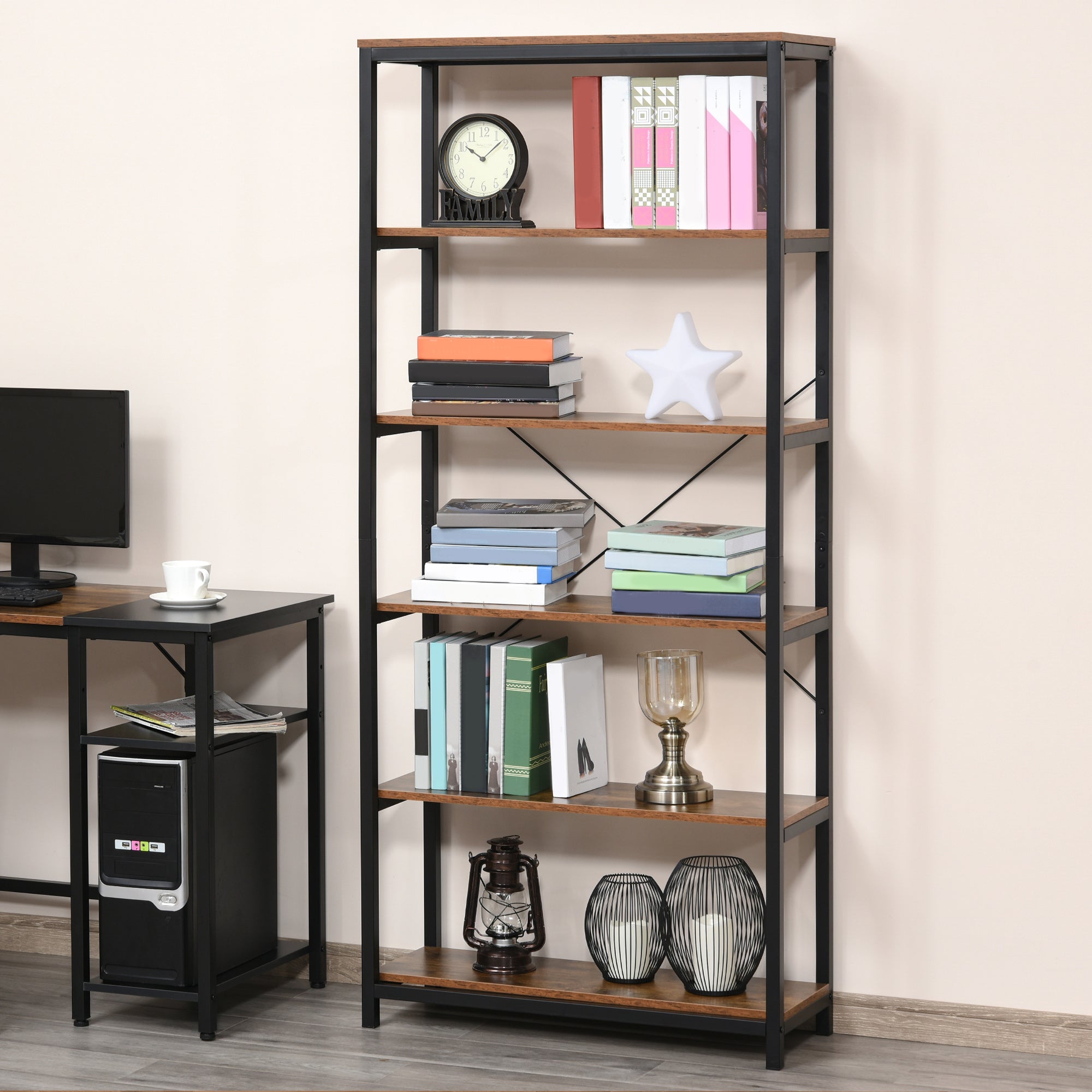 Industrial Style Retro Bookcase with 6 Open Shelves for Books and Anti-Tip System Storage for Living Room Office 31.5x11.8x70.9 inches Rustic Brown