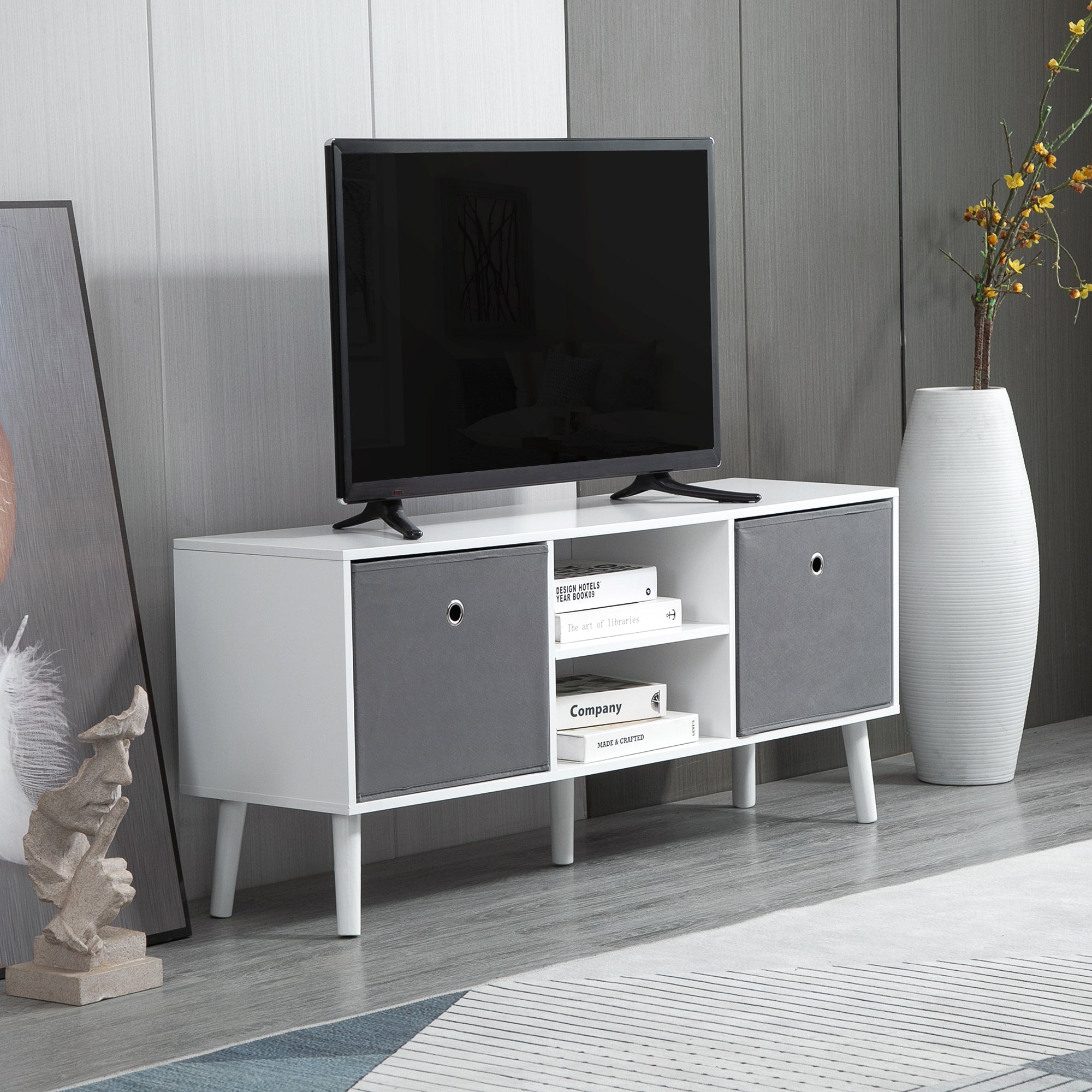 TV Stand for TVs up to 50 Inches Modern TV Stand with 2 Fabric Drawers 2 Open Shelves 110x29x46.5 cm White and Gray