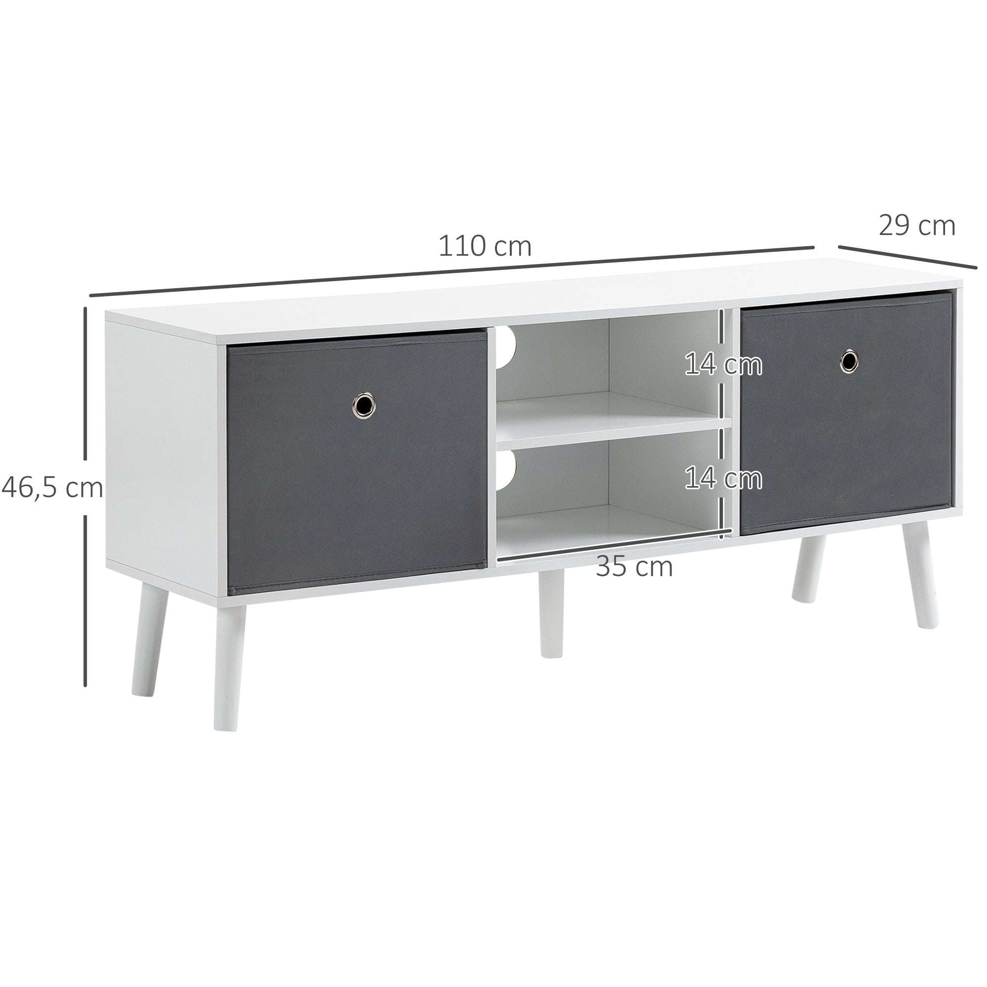TV Stand for TVs up to 50 Inches Modern TV Stand with 2 Fabric Drawers 2 Open Shelves 110x29x46.5 cm White and Gray