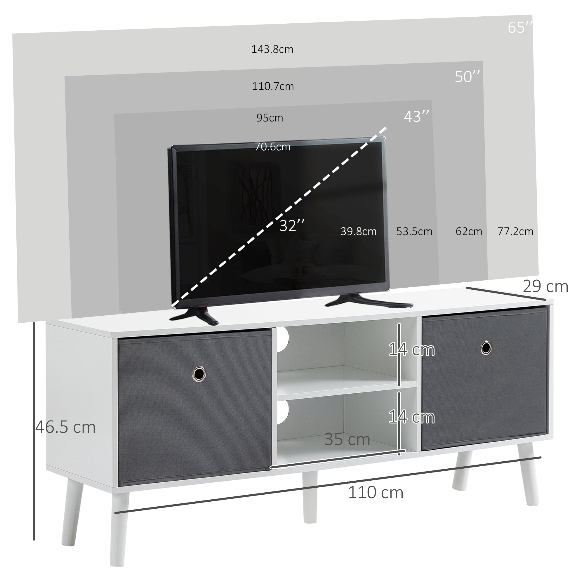 TV Stand for TVs up to 50 Inches Modern TV Stand with 2 Fabric Drawers 2 Open Shelves 110x29x46.5 cm White and Gray