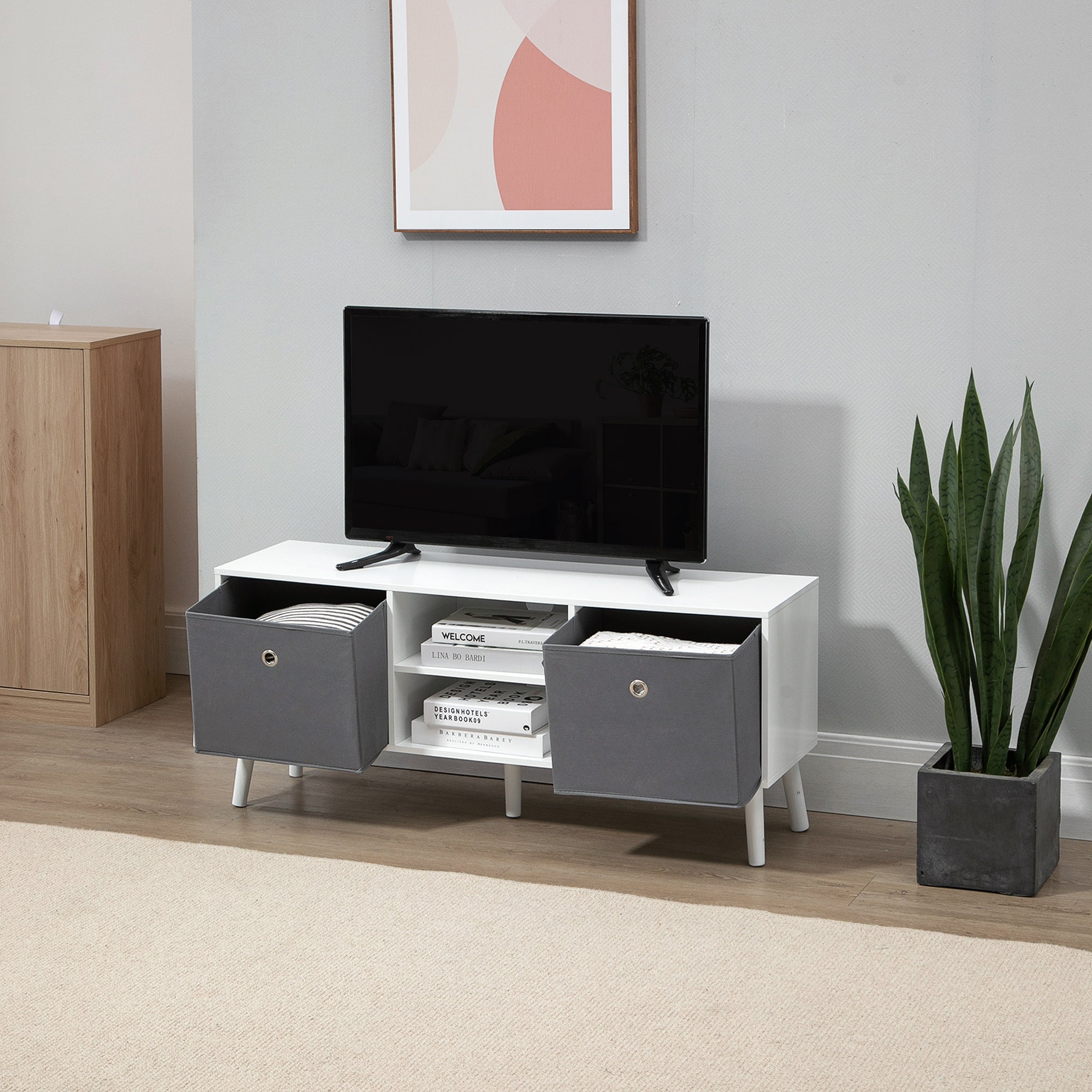 TV Stand for TVs up to 50 Inches Modern TV Stand with 2 Fabric Drawers 2 Open Shelves 110x29x46.5 cm White and Gray