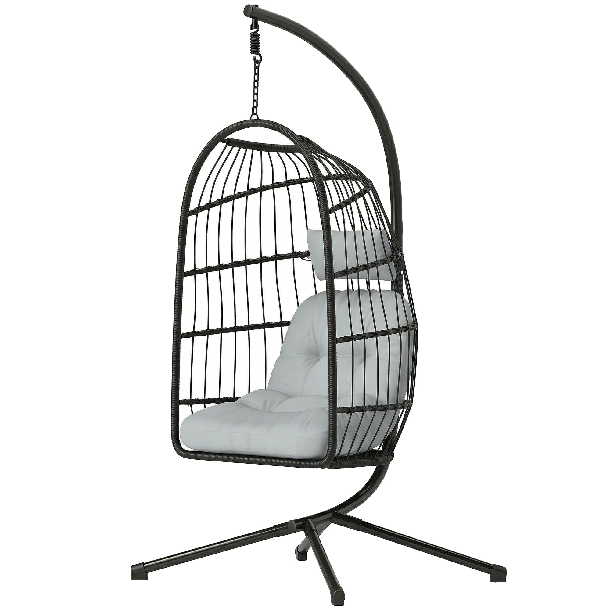 Hanging Egg Chair with Stand — Foldable PE Rattan Swing, Thick Cushion & Headrest, Adjustable Height, Light Gray