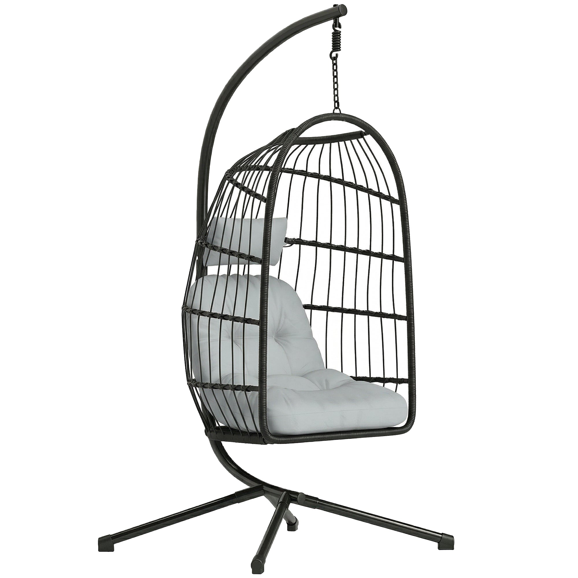 Hanging Egg Chair with Stand — Foldable PE Rattan Swing, Thick Cushion & Headrest, Adjustable Height, Light Gray