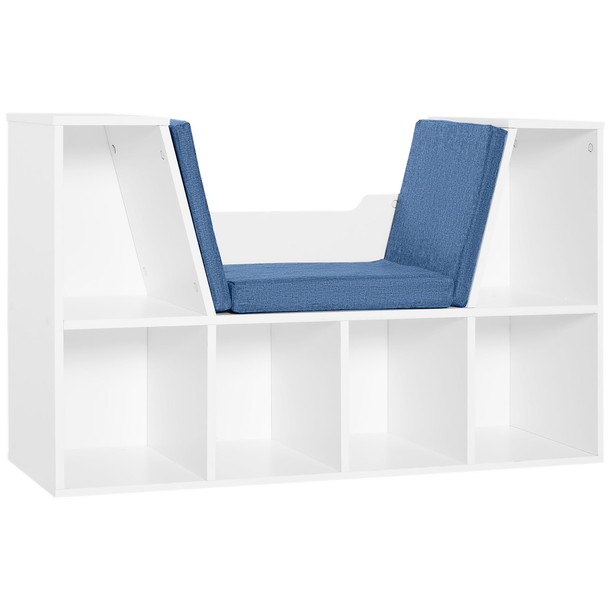 Bookcase Bench 2 in 1 Contemporary Design 6 Compartments 3 Cushions 102L x 30W x 61H cm White Blue
