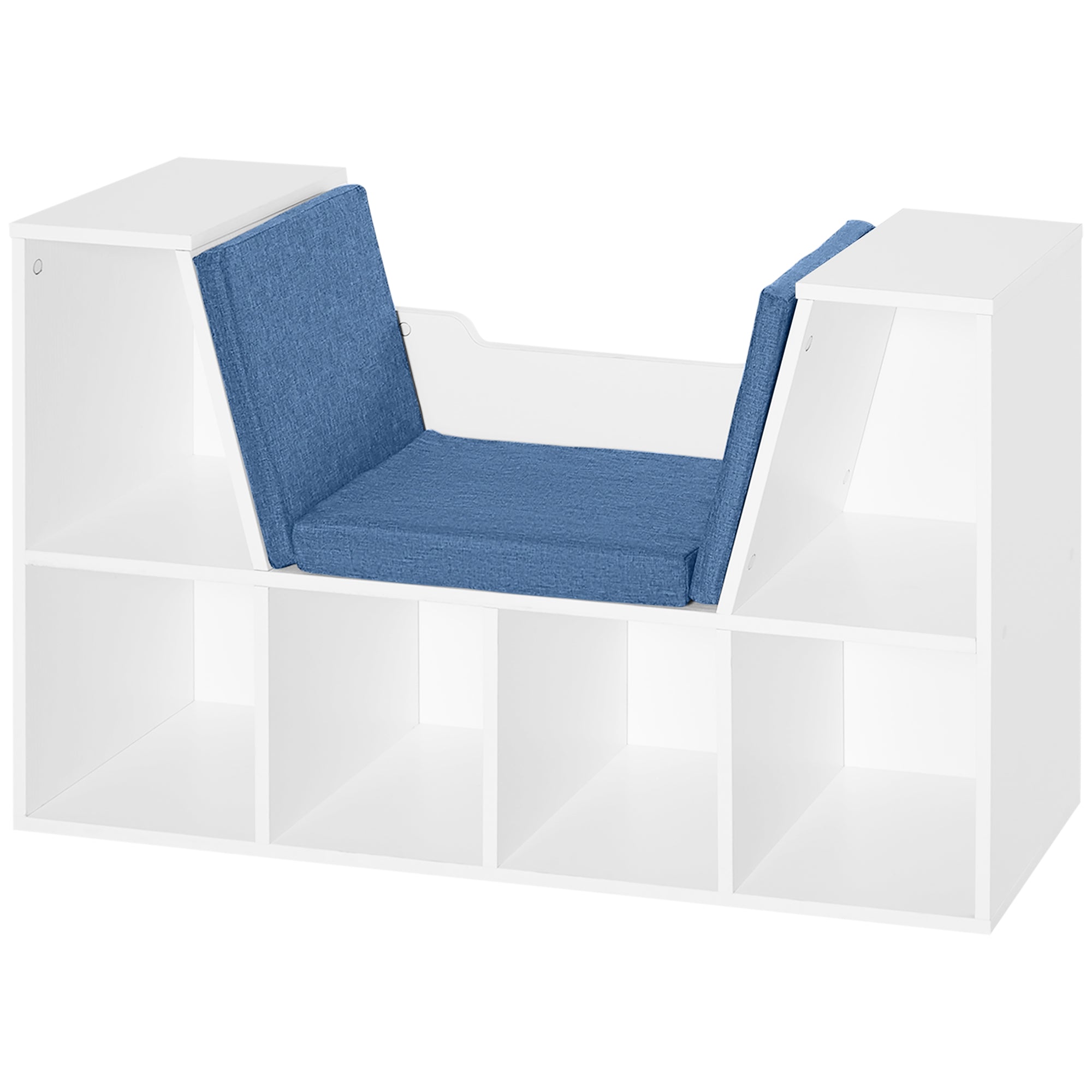 Bookcase Bench 2 in 1 Contemporary Design 6 Compartments 3 Cushions 102L x 30W x 61H cm White Blue