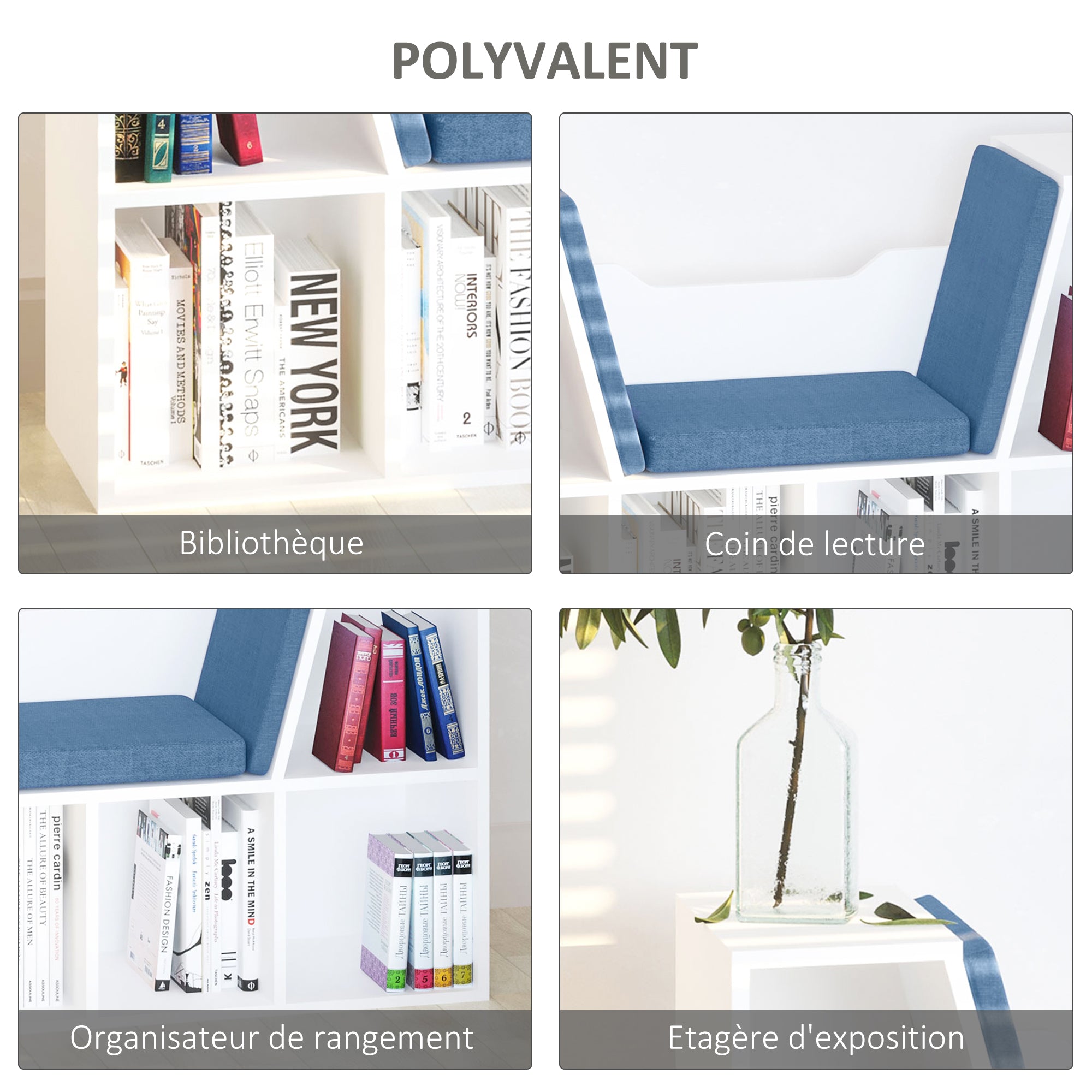 Bookcase Bench 2 in 1 Contemporary Design 6 Compartments 3 Cushions 102L x 30W x 61H cm White Blue