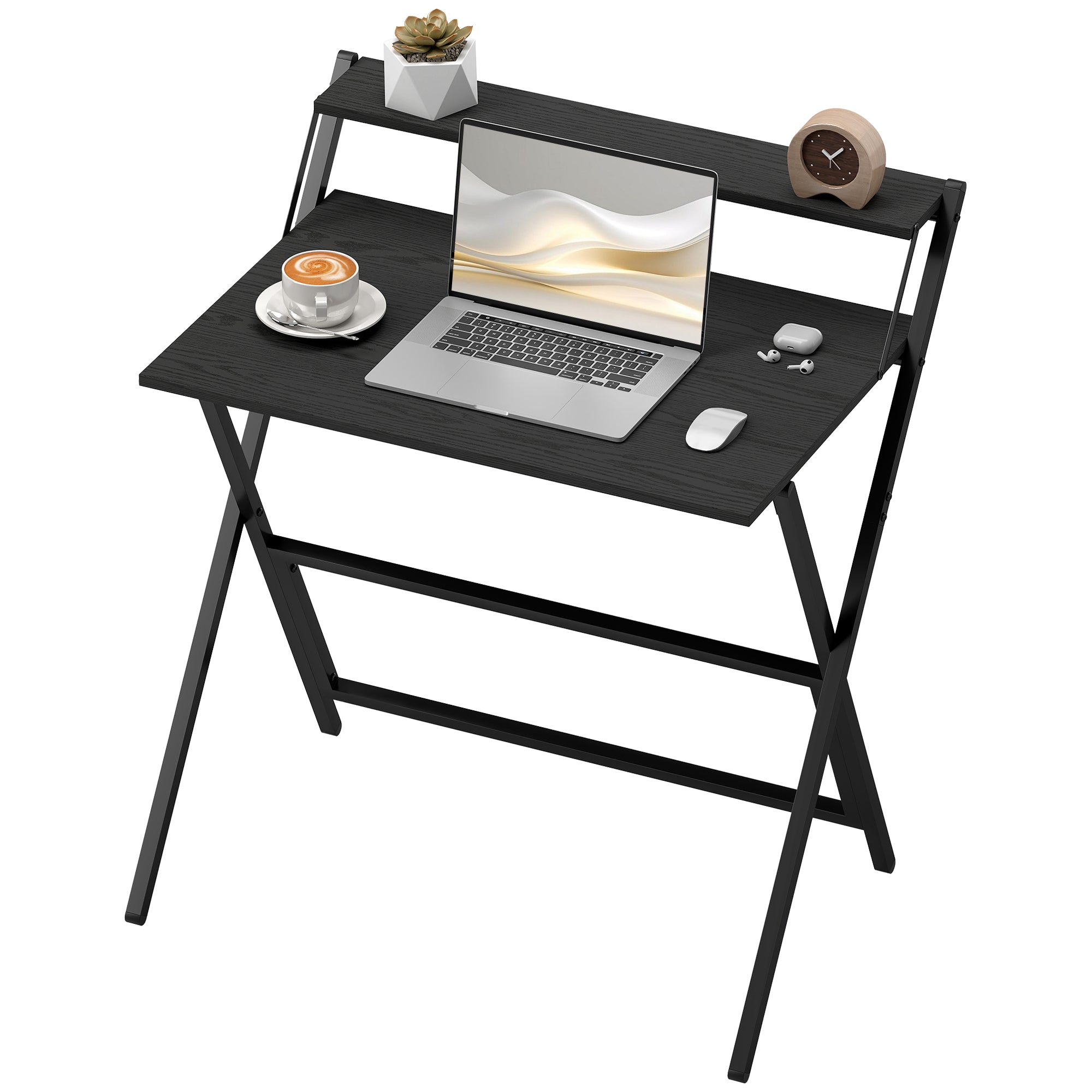 Space-Saving Folding Desk with Monitor Shelf, Small and Foldable Computer Table for Office and Study, Steel, 81.5x62x86.5 cm, Black
