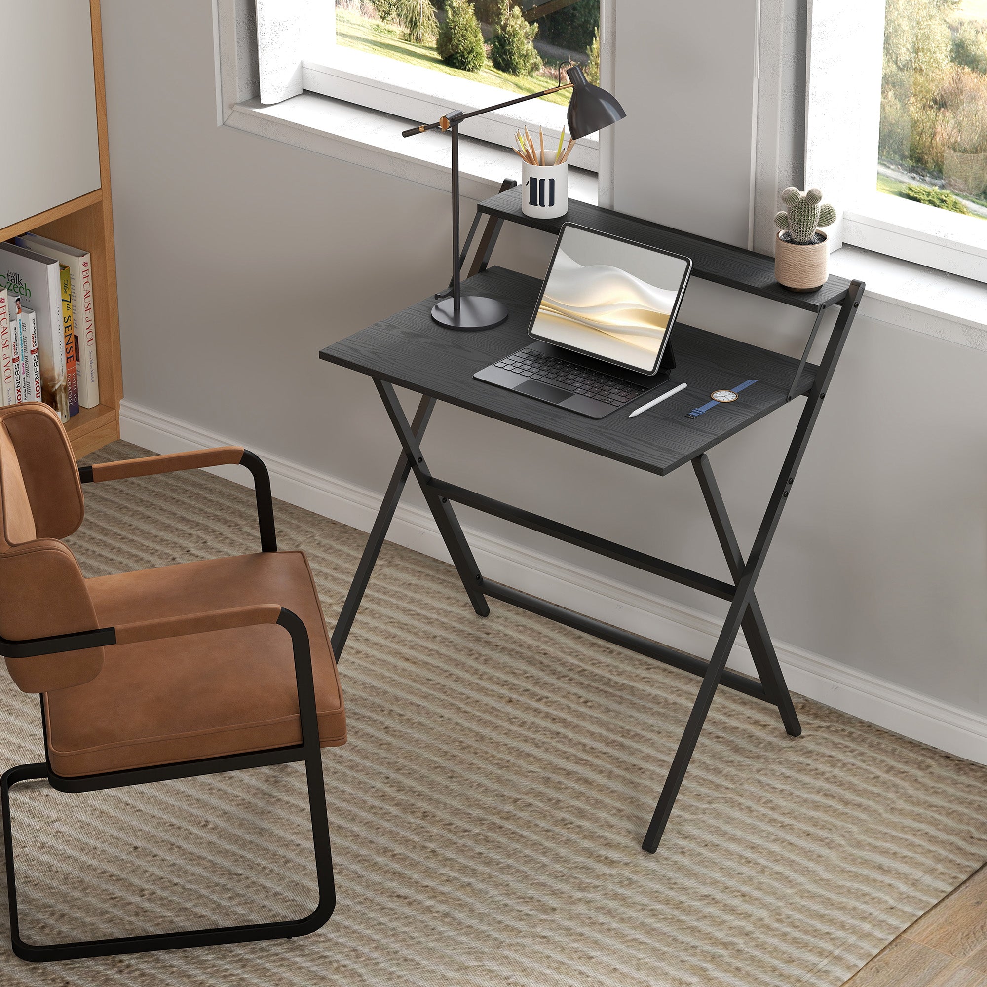 Space-Saving Folding Desk with Monitor Shelf, Small and Foldable Computer Table for Office and Study, Steel, 81.5x62x86.5 cm, Black