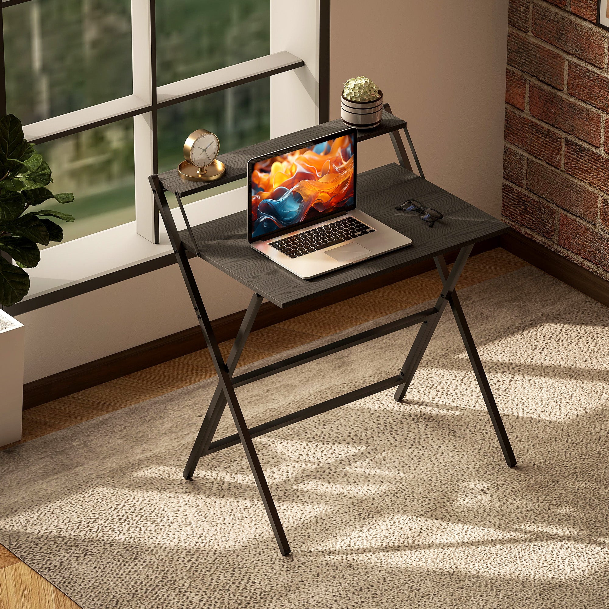 Space-Saving Folding Desk with Monitor Shelf, Small and Foldable Computer Table for Office and Study, Steel, 81.5x62x86.5 cm, Black