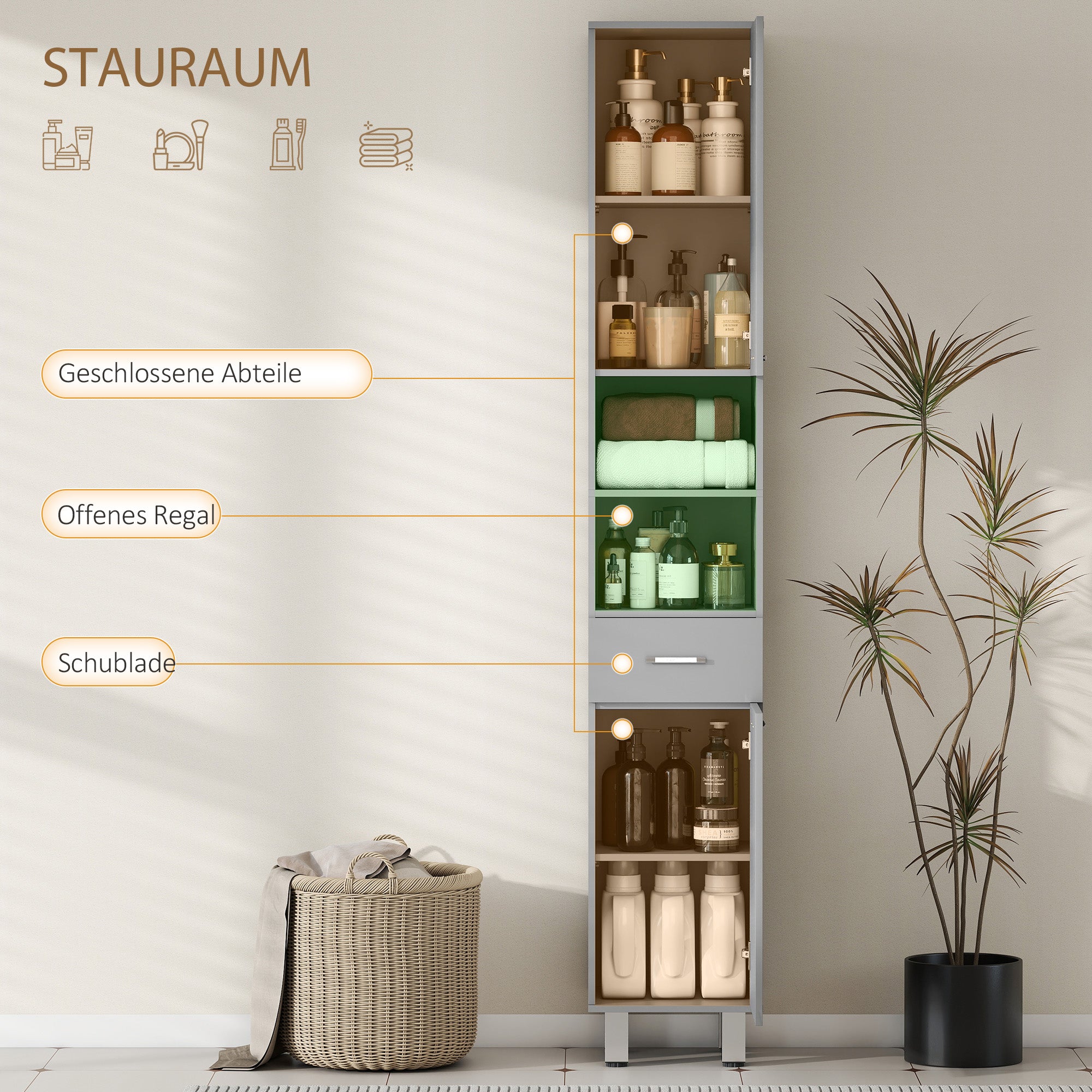 Slim Tall Bathroom Cabinet, High-Gloss Gray Drawer, Adjustable Shelves & 2 Open Compartments — 30 x 30 x 180 cm (11.8 x 11.8 x 70.9 in)