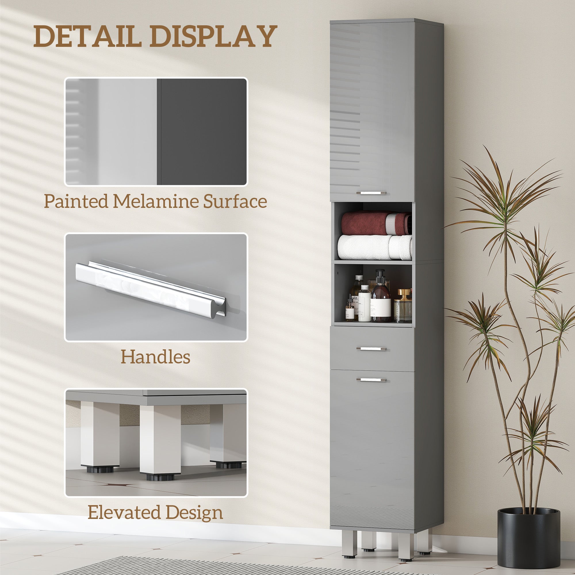 Slim Tall Bathroom Cabinet, High-Gloss Gray Drawer, Adjustable Shelves & 2 Open Compartments — 30 x 30 x 180 cm (11.8 x 11.8 x 70.9 in)