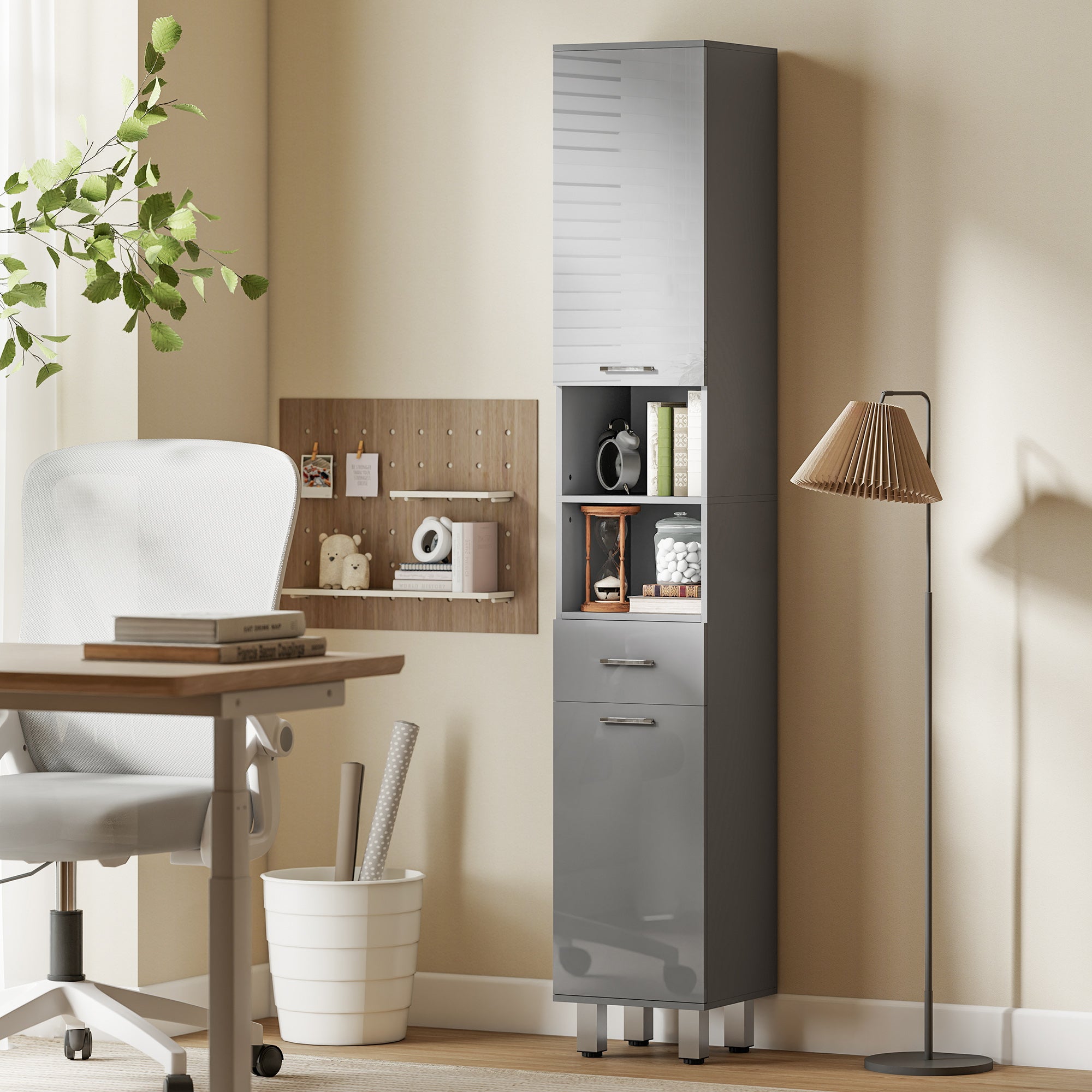 Slim Tall Bathroom Cabinet, High-Gloss Gray Drawer, Adjustable Shelves & 2 Open Compartments — 30 x 30 x 180 cm (11.8 x 11.8 x 70.9 in)