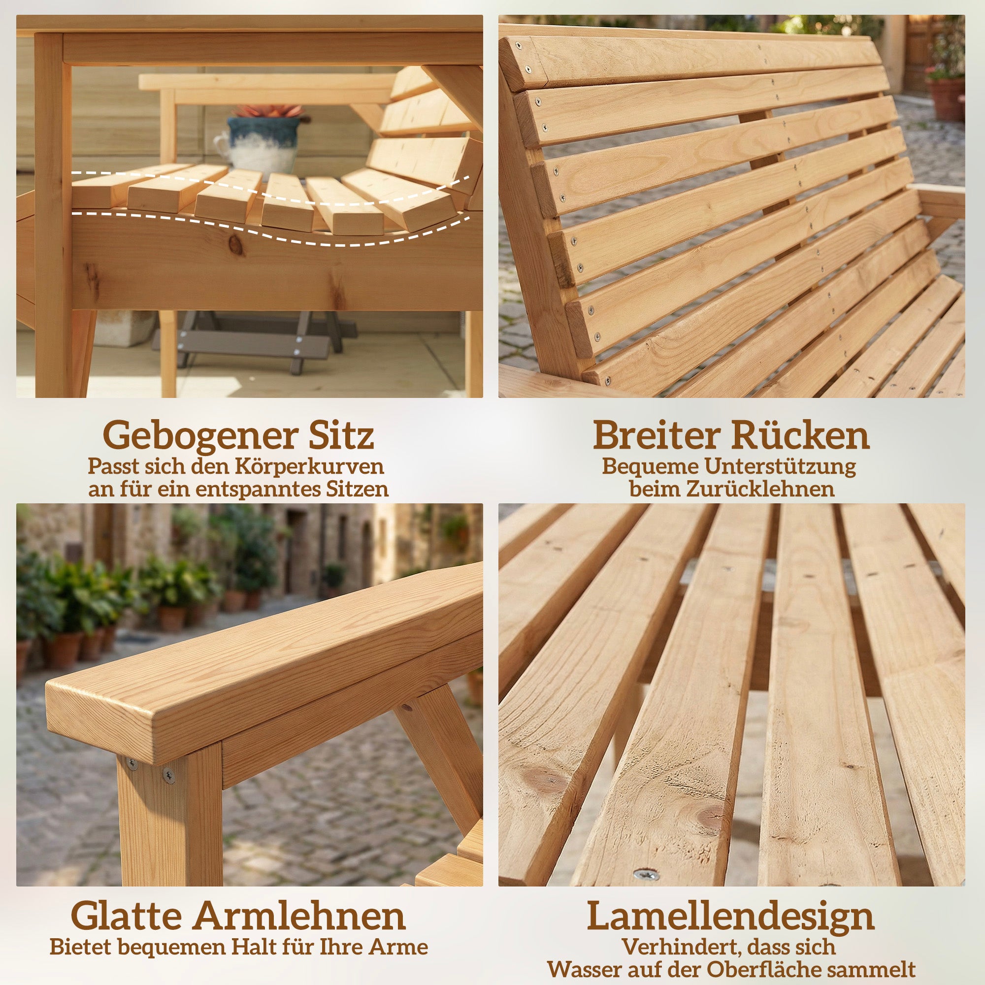 2-Seater Wooden Garden Bench — Slatted Bench with Armrests & Backrest, Fir Wood Frame for Garden, Balcony & Patio