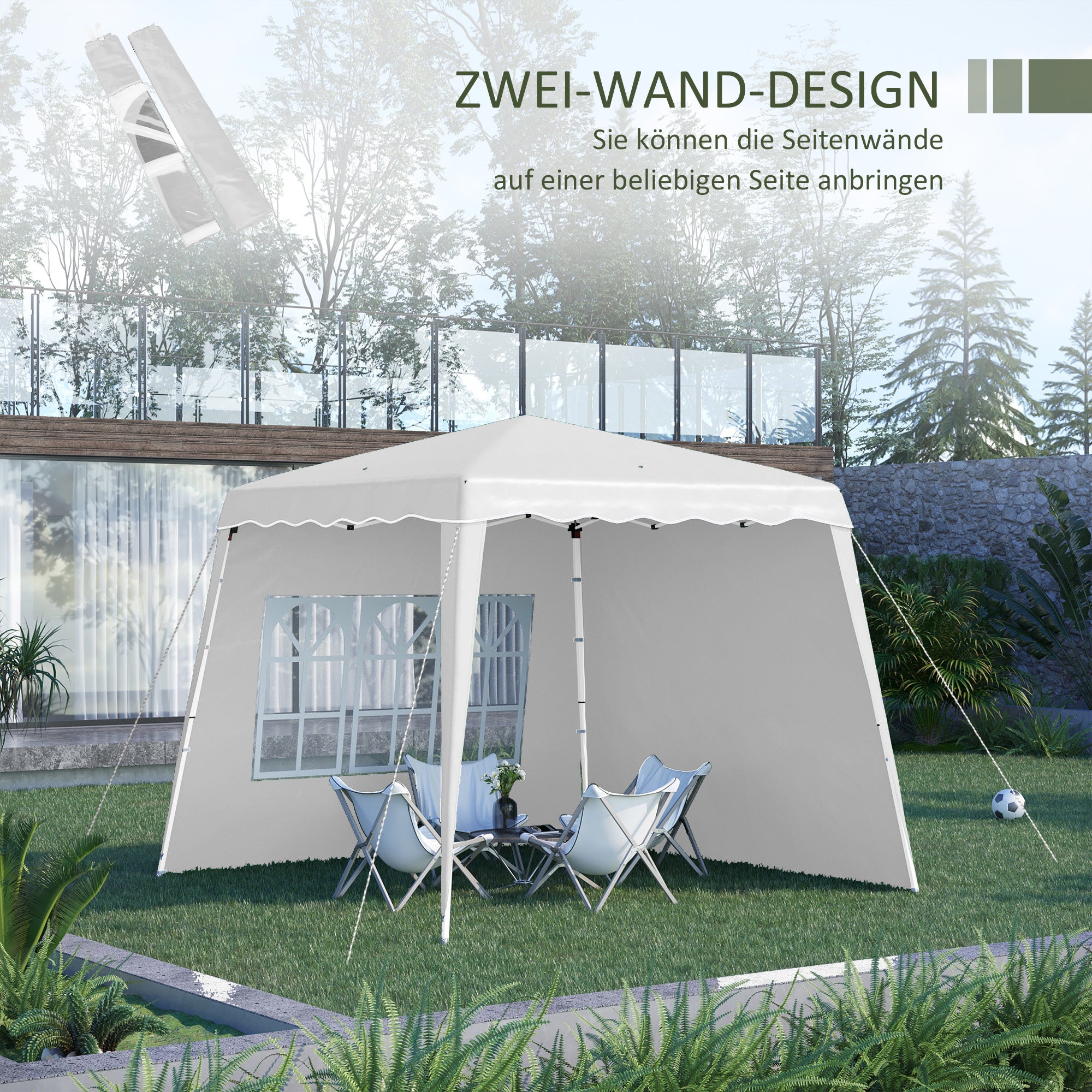 Folding Gazebo 2.4 x 2.4m Gazebo with Side Wall Adjustable Height Party Tent with UV Protection, Folding Tent with Carrying Bag for Garden, Balcony, Oxford, Steel, White