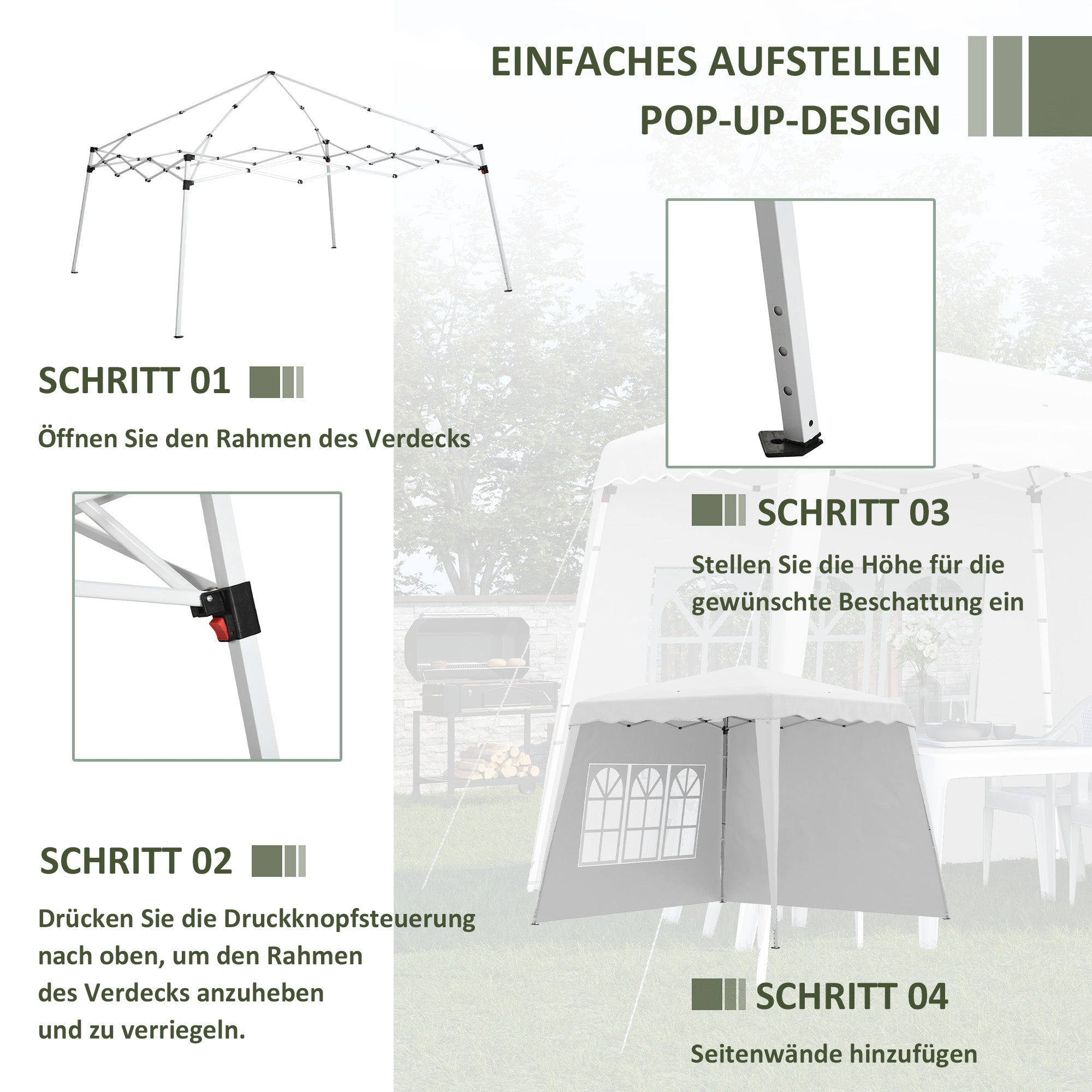 Folding Gazebo 2.4 x 2.4m Gazebo with Side Wall Adjustable Height Party Tent with UV Protection, Folding Tent with Carrying Bag for Garden, Balcony, Oxford, Steel, White
