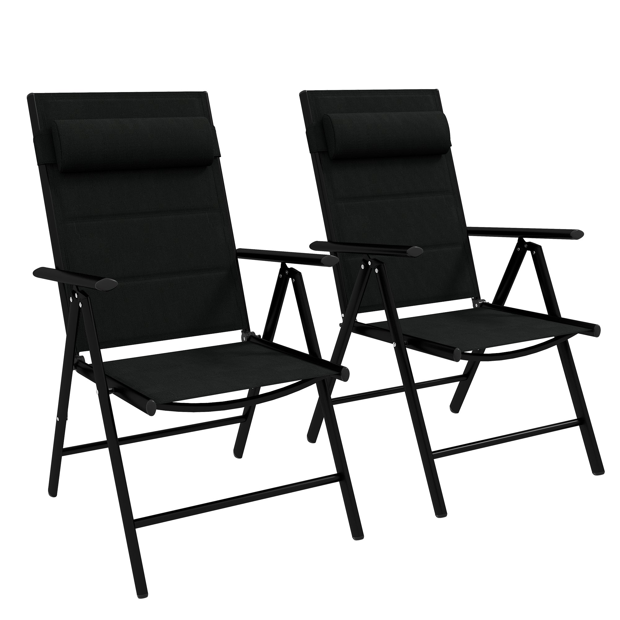 Set of 2 Folding Camping Chairs Garden Chairs with Aluminum Frame Headrest and Armrests 130 kg Capacity for Terrace Beach 54x67x108 cm Black