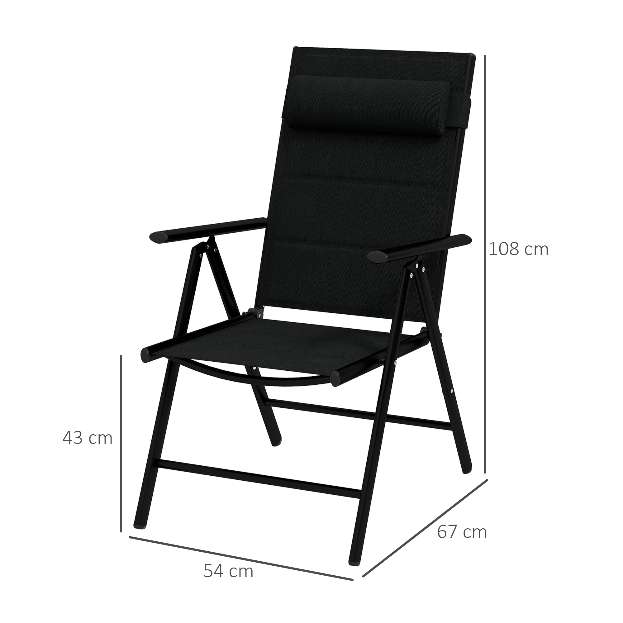 Set of 2 Folding Camping Chairs Garden Chairs with Aluminum Frame Headrest and Armrests 130 kg Capacity for Terrace Beach 54x67x108 cm Black