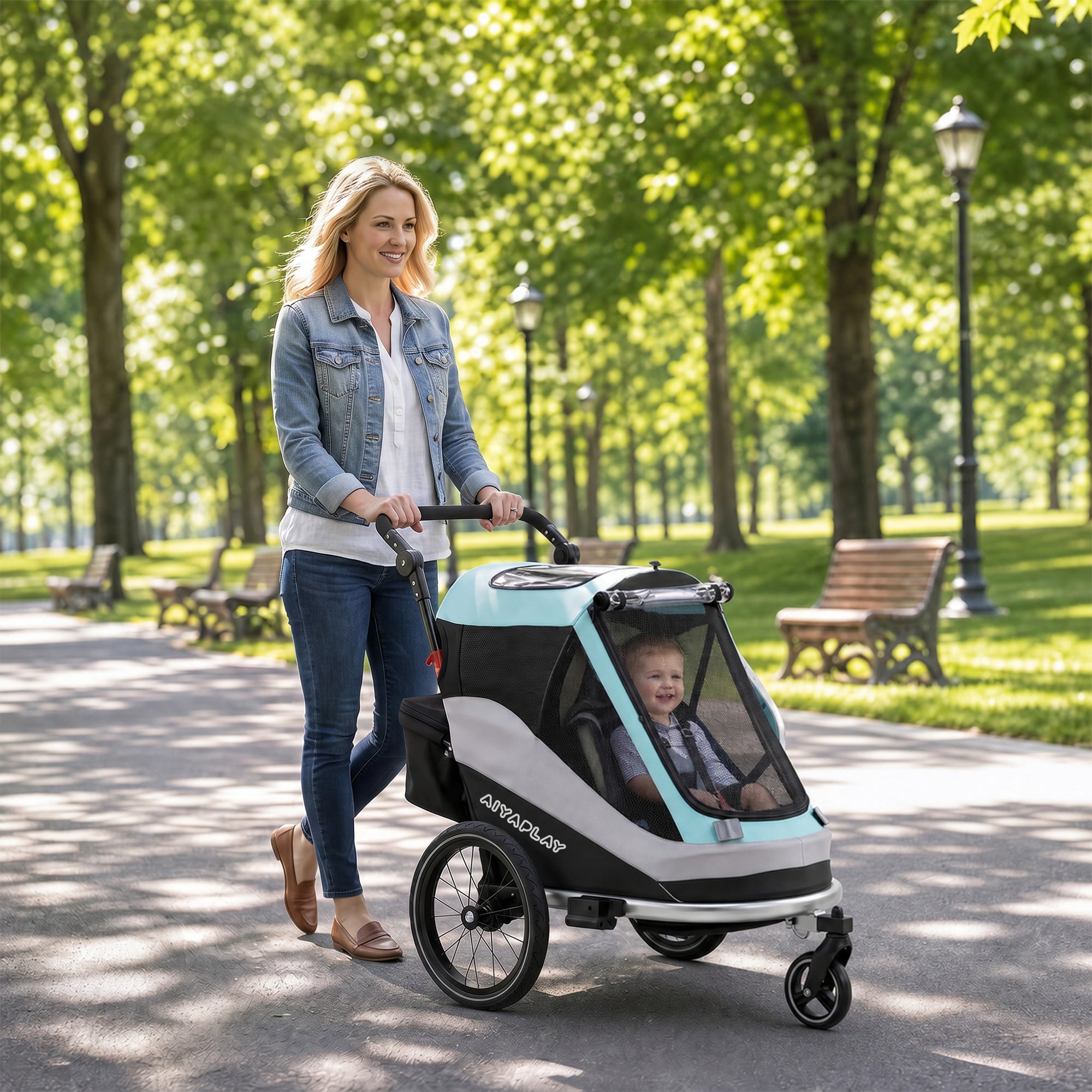2-in-1 Foldable Bike Trailer & Stroller — Child Bicycle Trailer with 5-Point Harness, Reflectors, 16" Air Tires, Brake, Storage — For Children 12+ Months (Max 39.7 lbs trailer)