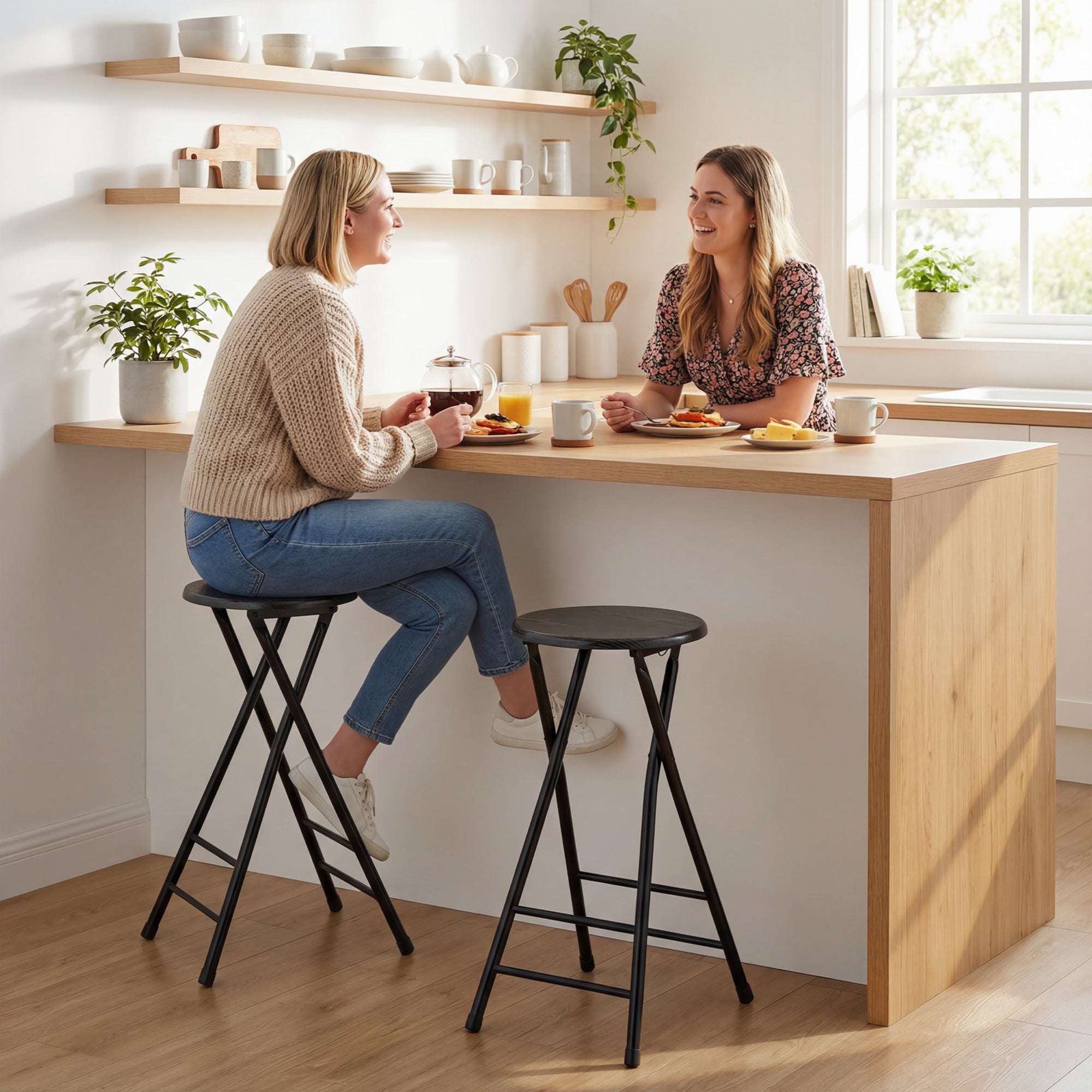 Set of 2 Folding Bar Stools, Round High Kitchen Counter Stools with Dual Footrests, Wood & Steel Frame, Black