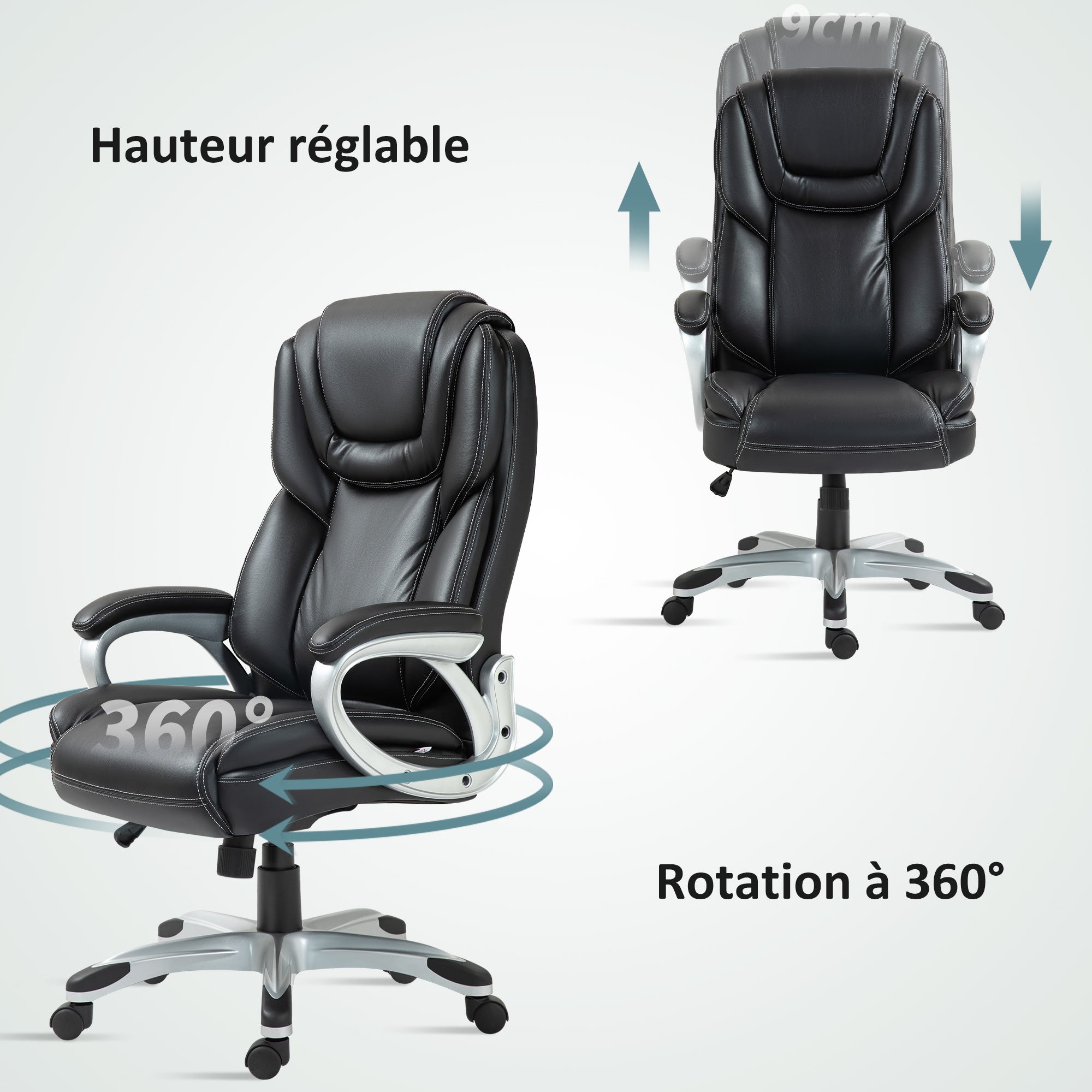Office Chair, Computer Chair, with Tilt Function, High Backrest, 360° Swivel Wheels, Adjustable Height, Black