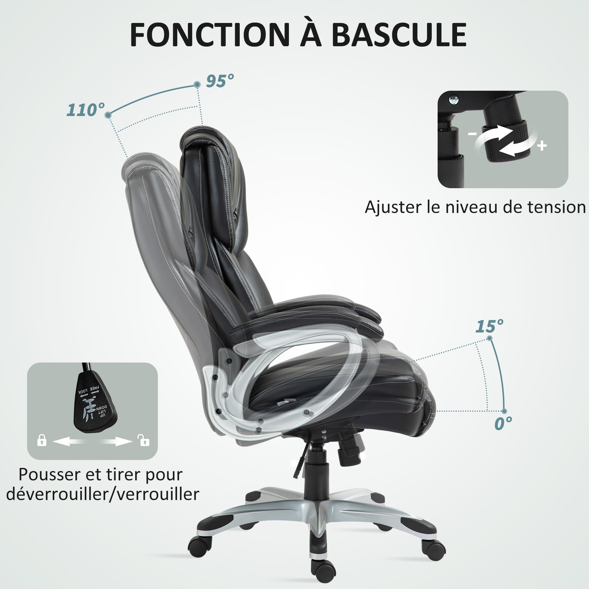 Office Chair, Computer Chair, with Tilt Function, High Backrest, 360° Swivel Wheels, Adjustable Height, Black