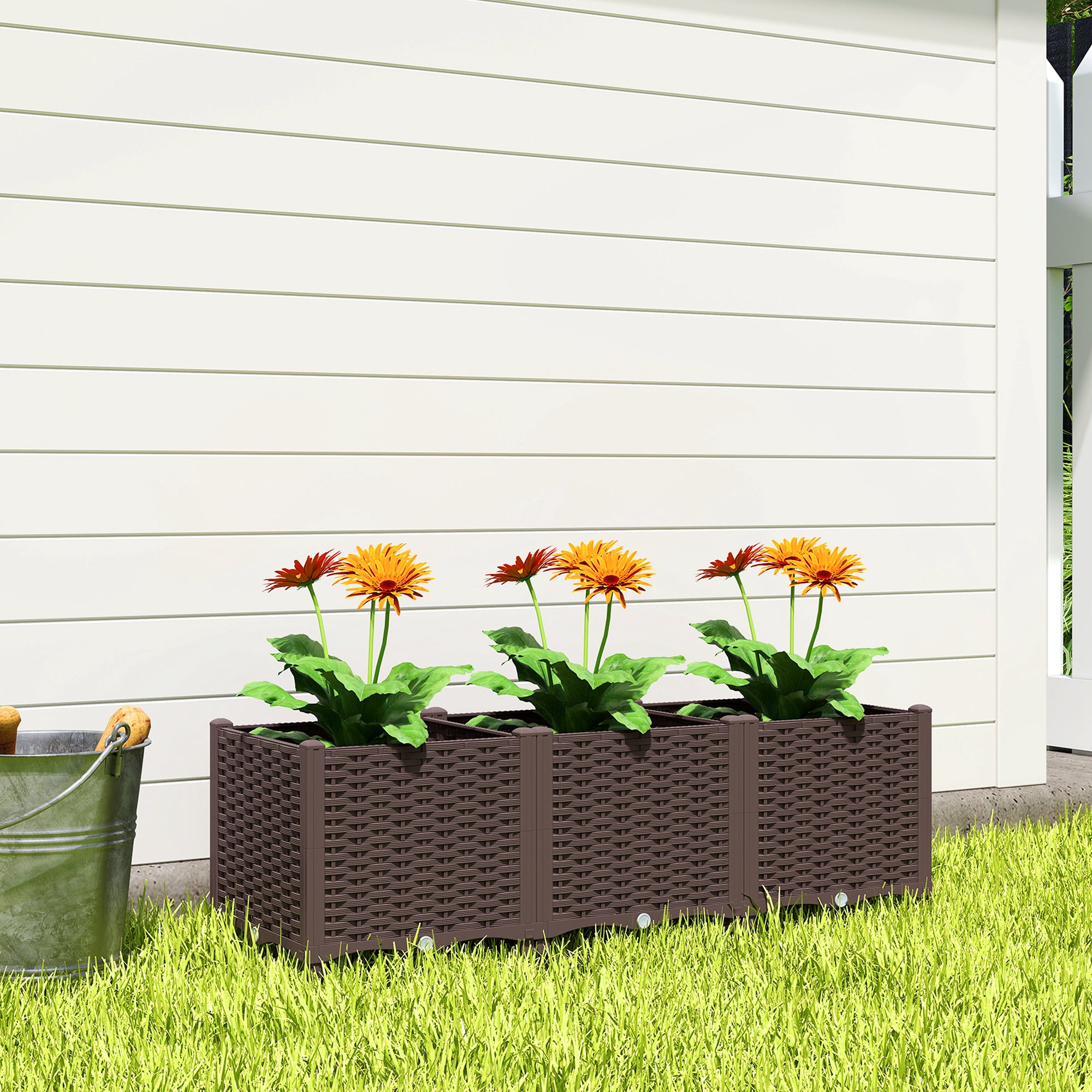 Elevated Planter, Plastic Raised Garden Bed, Self-Watering Planters with Drainage Holes and Plugs, Easy Assembly for Vegetables, Flowers, Herbs, 120 x 40 x 37 cm (47.2 x 15.7 x 14.6 in), Brown
