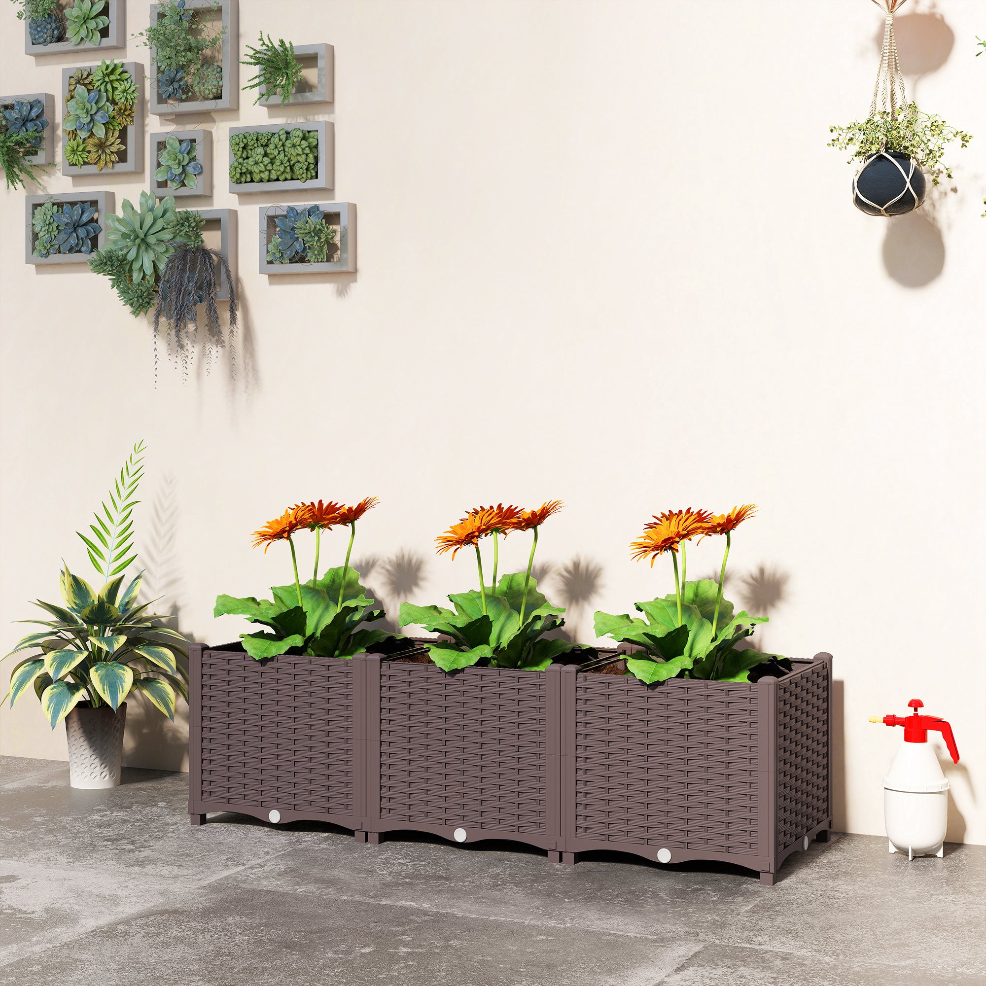 Elevated Planter, Plastic Raised Garden Bed, Self-Watering Planters with Drainage Holes and Plugs, Easy Assembly for Vegetables, Flowers, Herbs, 120 x 40 x 37 cm (47.2 x 15.7 x 14.6 in), Brown