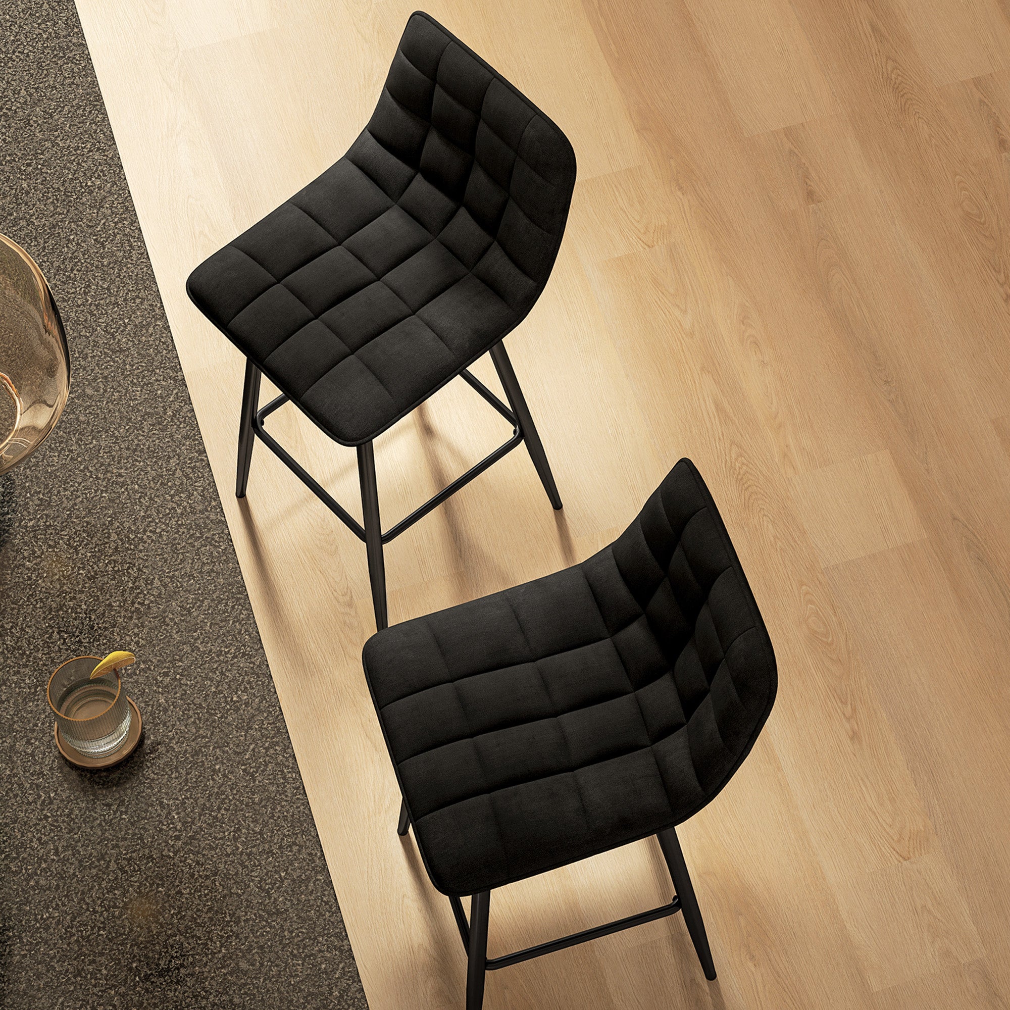 Set of 2 Nordic Style High Stools with Backrest and Footrest, Velvet Effect Fabric and Metal Stools, 45x47x84 cm, Black