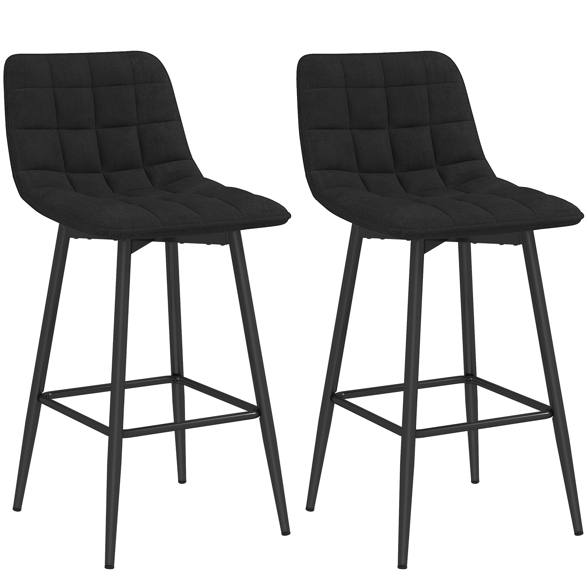 Set of 2 Nordic Style High Stools with Backrest and Footrest, Velvet Effect Fabric and Metal Stools, 45x47x84 cm, Black
