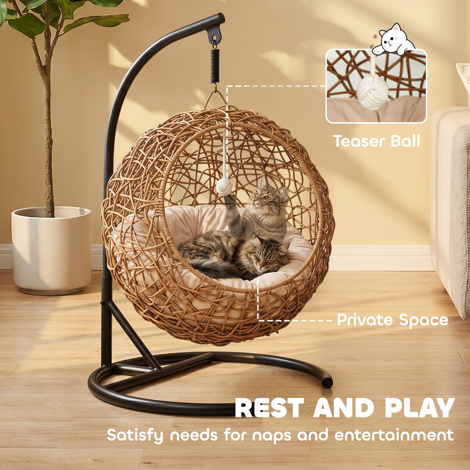 Woven Cat Bed — Elevated Rattan Cat House with Washable Cushion & Toy Ball, Indoor Hideout, 17.7 x 16.1 x 29.5 in (45 x 41 x 75 cm), Light Brown