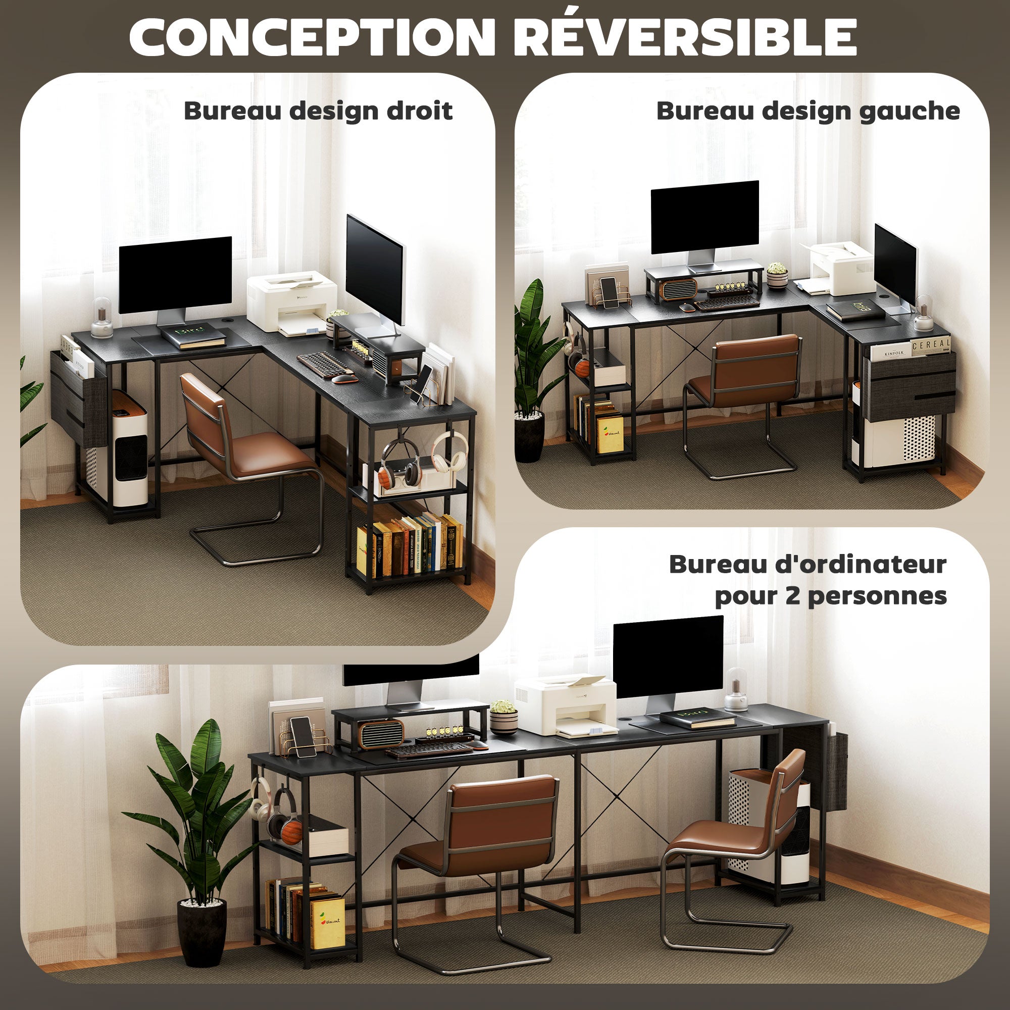 Reversible Modular Corner Desk with Storage, 66–94 in Industrial Black — Adjustable Shelves, Storage Pocket & Monitor Stand, Seats 2