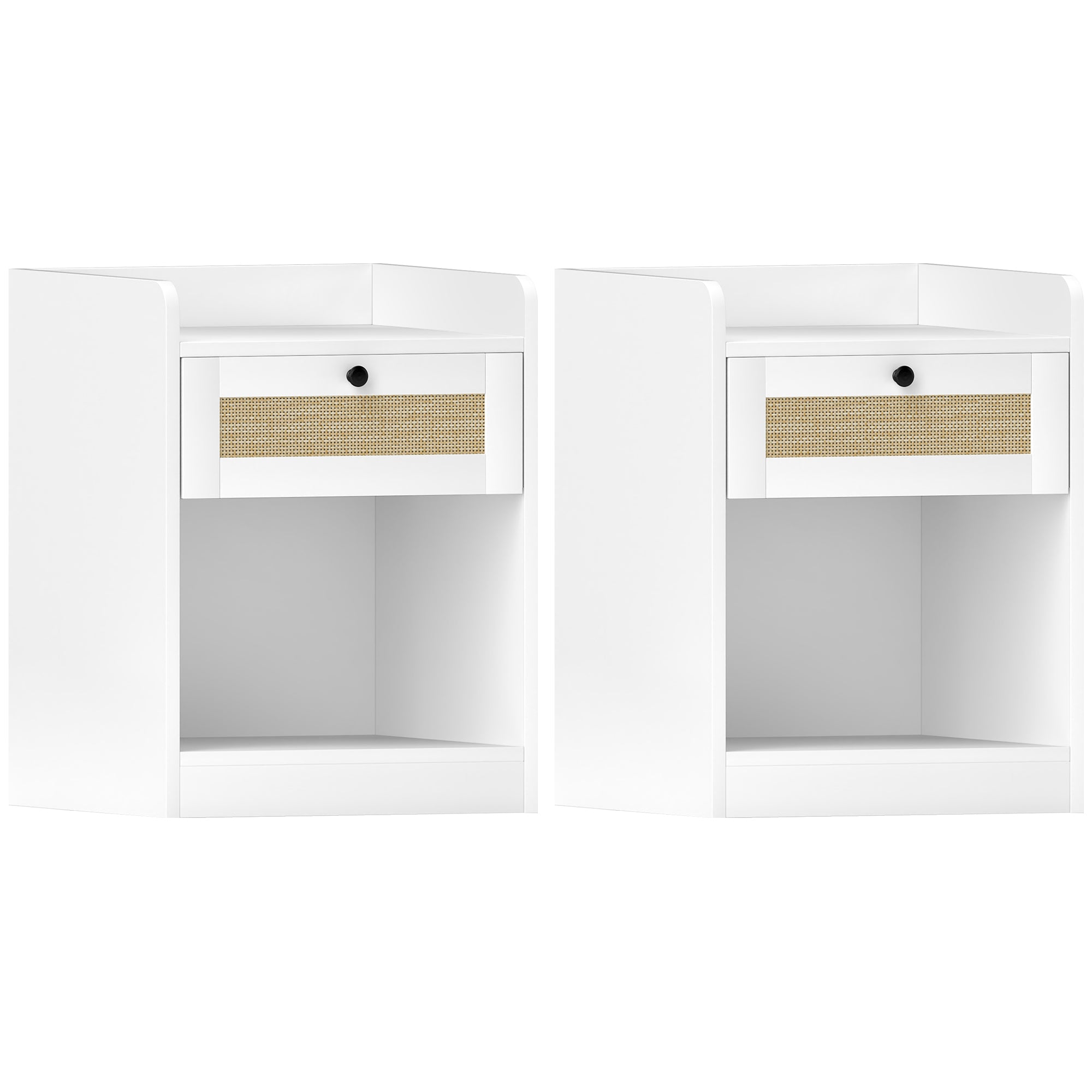 Set of 2 Bedside Tables with Rattan Front Drawer Nightstands for Bedroom Home Room 40x40x53 cm White