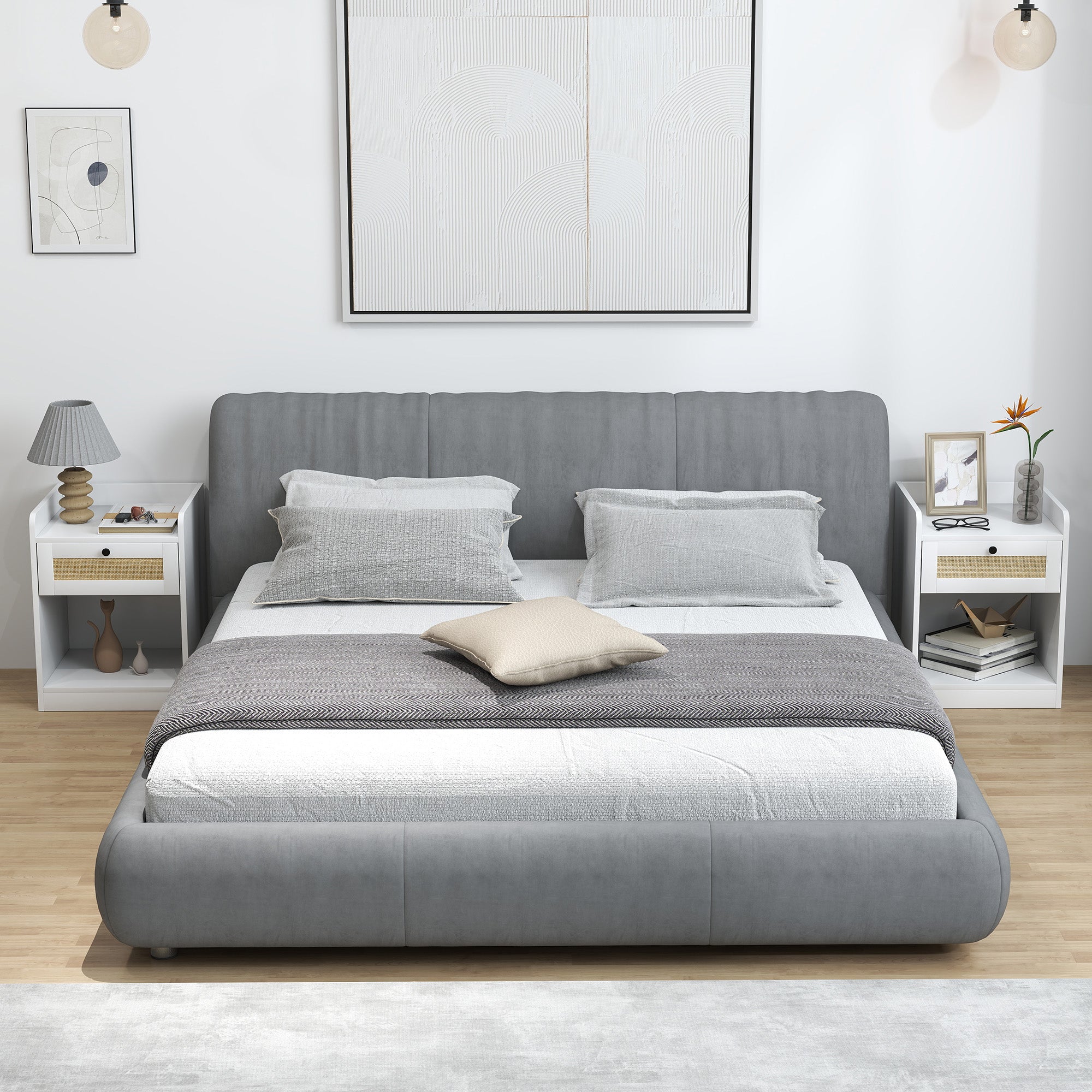 Set of 2 Bedside Tables with Rattan Front Drawer Nightstands for Bedroom Home Room 40x40x53 cm White