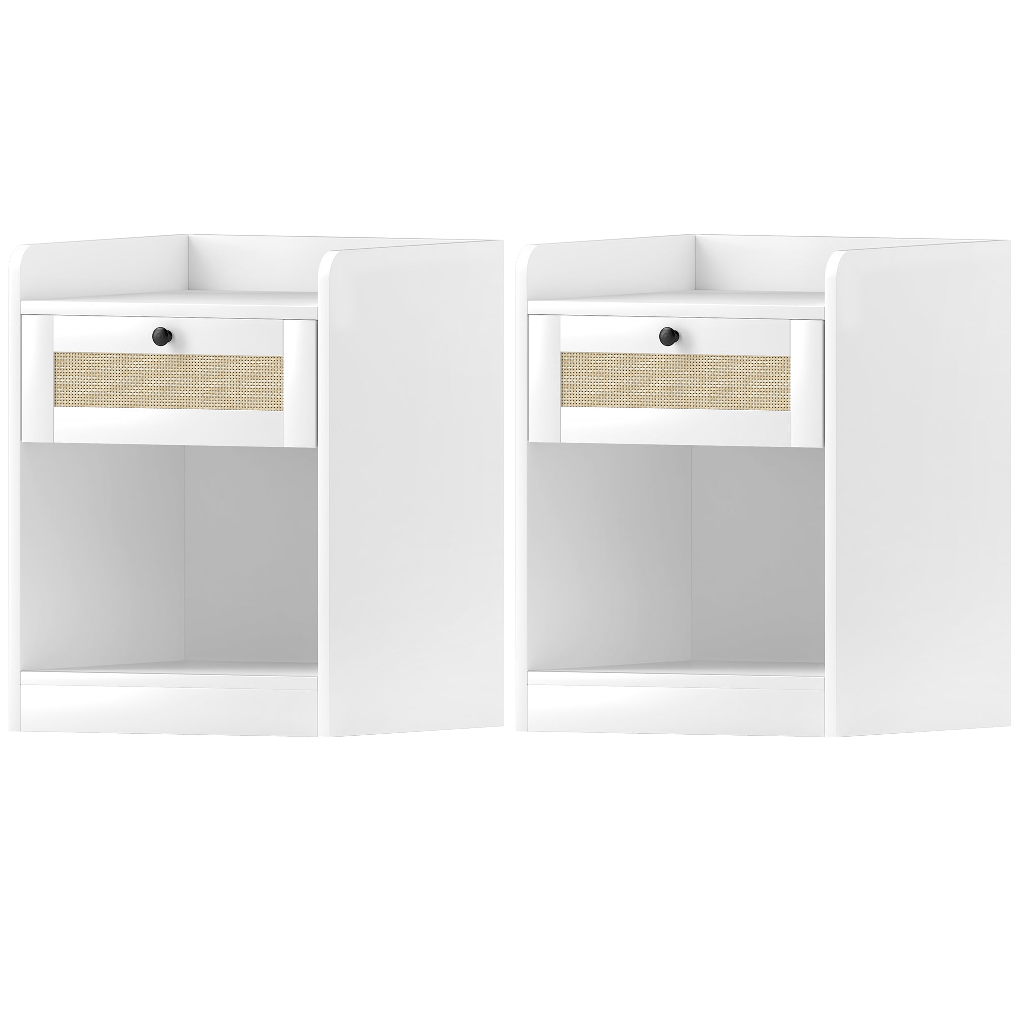 Set of 2 Bedside Tables with Rattan Front Drawer Nightstands for Bedroom Home Room 40x40x53 cm White