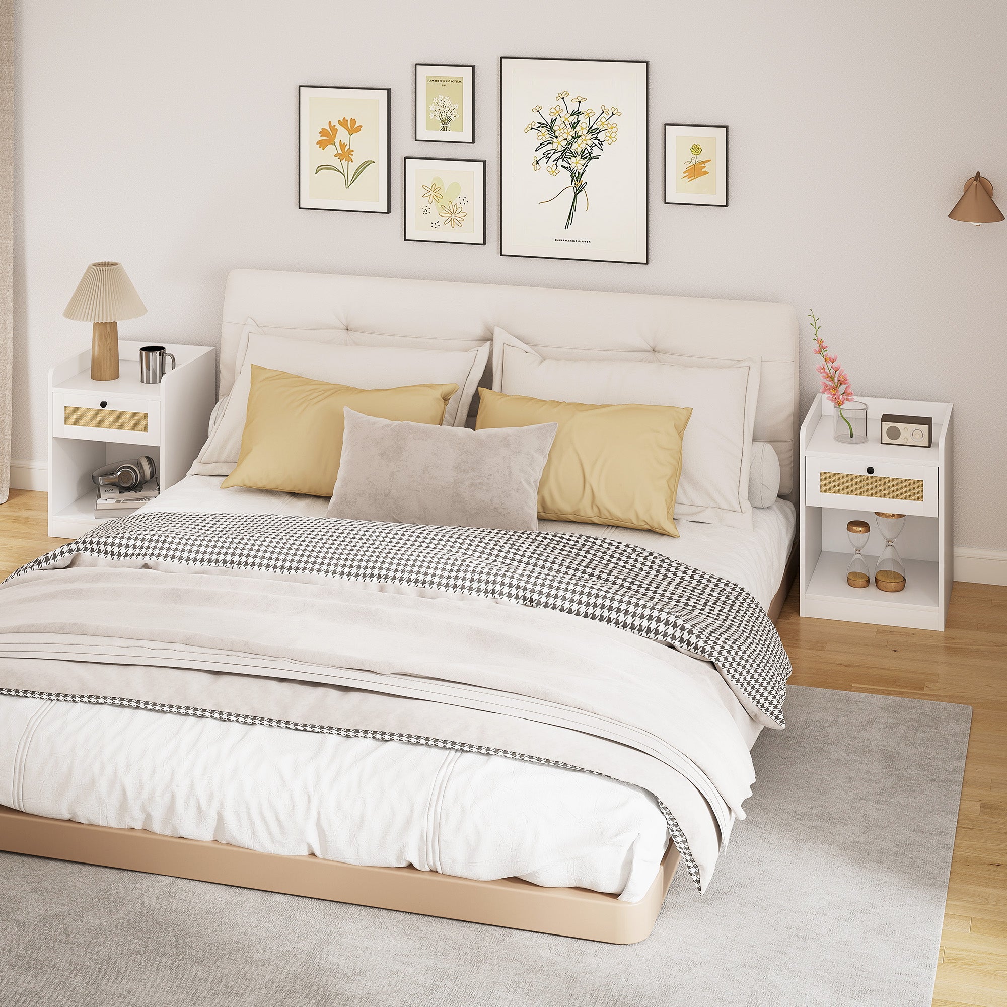 Set of 2 Bedside Tables with Rattan Front Drawer Nightstands for Bedroom Home Room 40x40x53 cm White