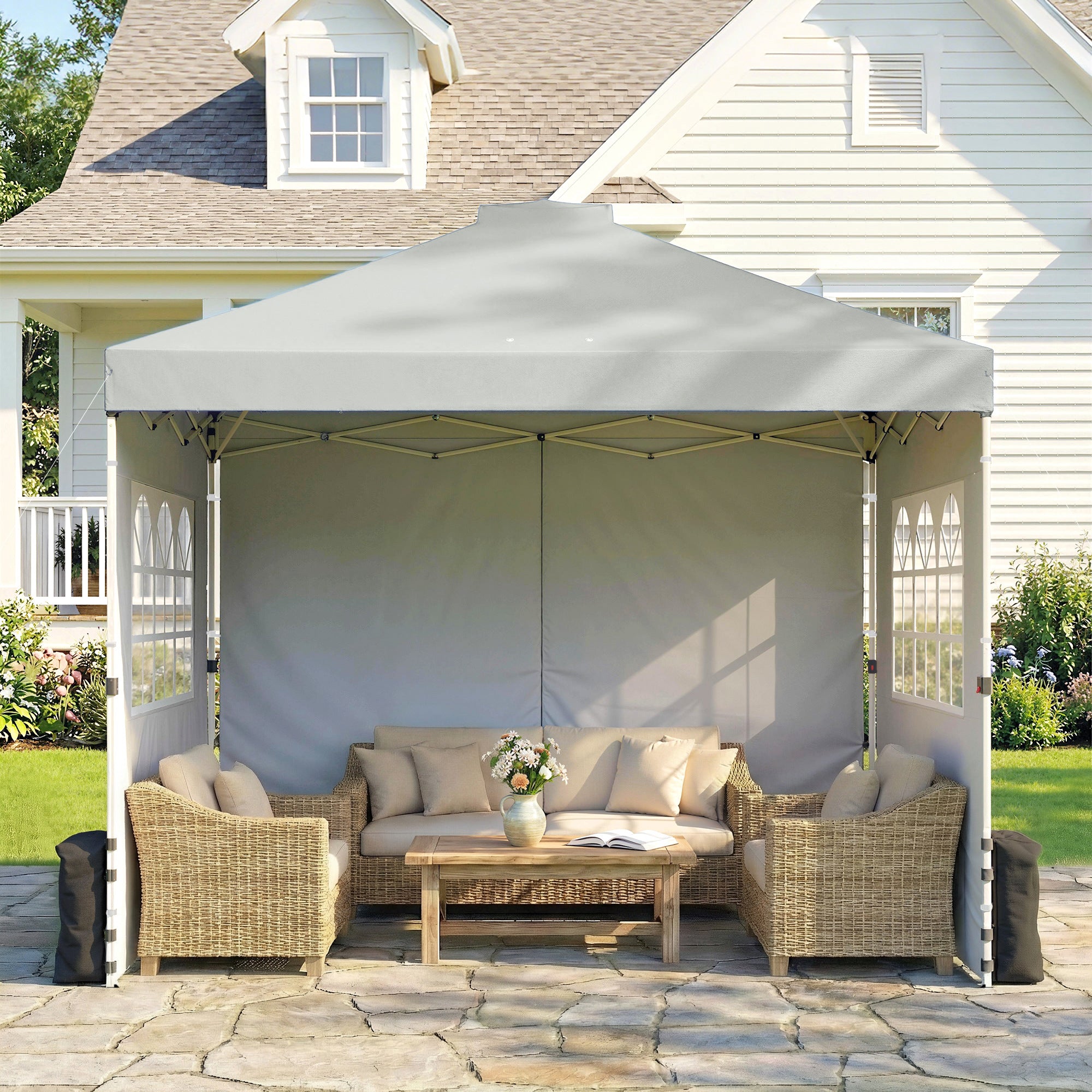 10'x10' Waterproof Height-Adjustable Pop-Up Canopy — 3 Sidewalls, Windows & Vents, UV50+, Folding Party Tent with Rolling Carry Bag, Light Gray
