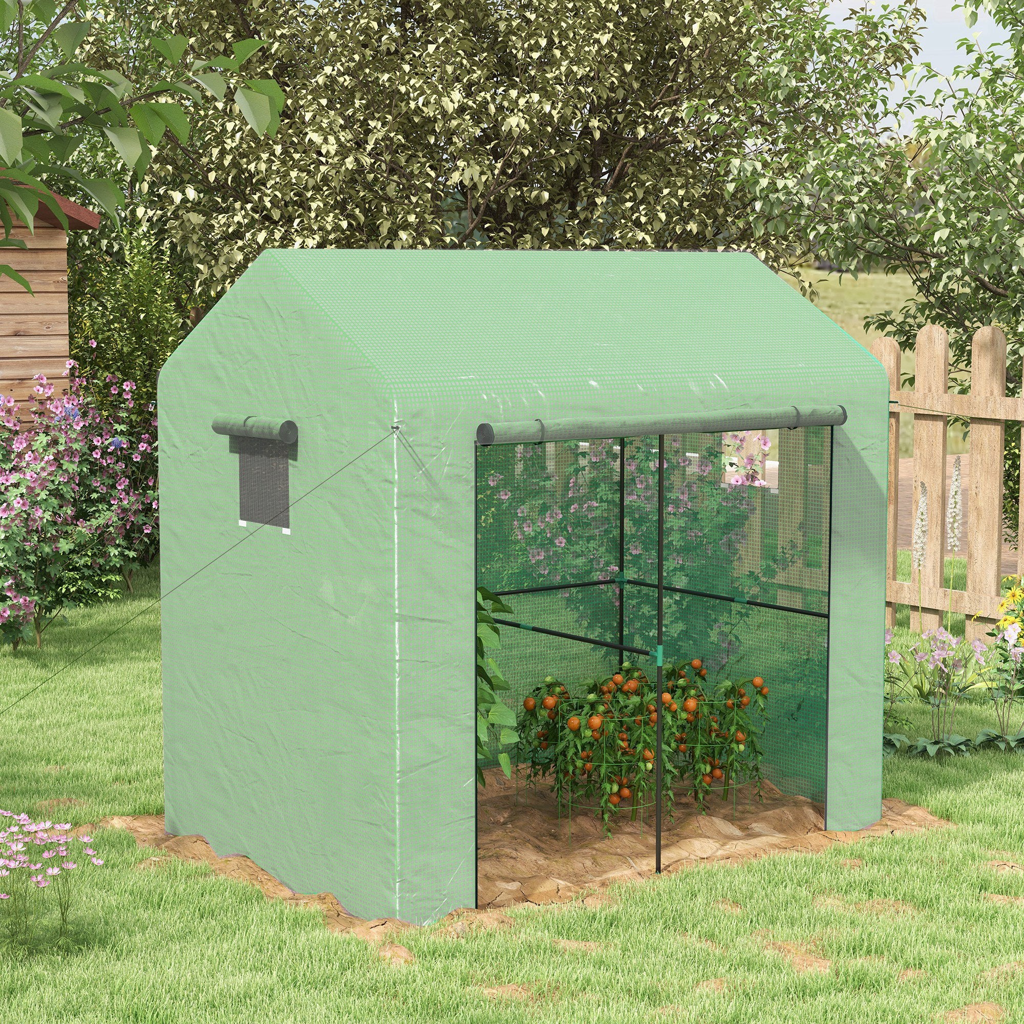 Garden Greenhouse PE, Balcony Greenhouse, Reinforced 135 g/m² Tarpaulin, Steel Frame, Roll-Up Zipper Door, for Vegetables Plants Flowers, Indoor and Outdoor, 200 x 140 x 200 cm, Green