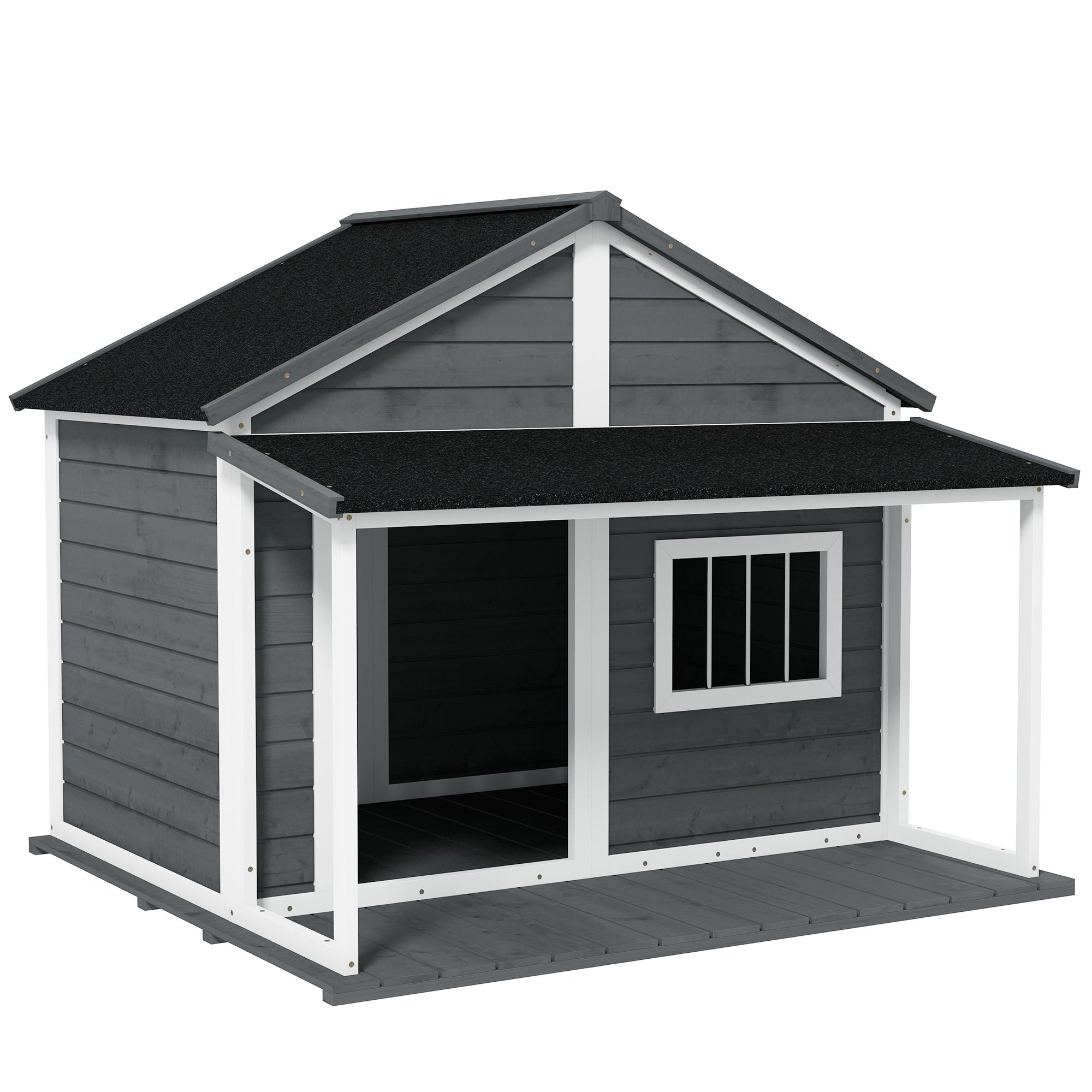 Solid Wood Dog House Small Animal House with Terrace Asphalt Roof Outdoor Weatherproof Shelter for Outside Gray 124 x 112 x 105 cm